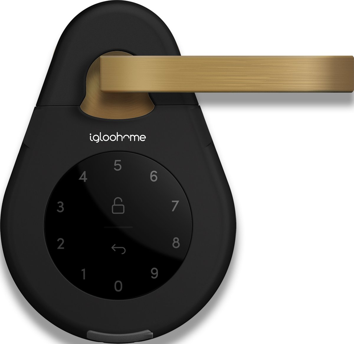 Ein schwarzes Smart Lock mit goldenem Griff. Es hat eine Tastatur mit Zahlen und einem Schloss-Symbol. Der Markenname 'igloohome' ist sichtbar.