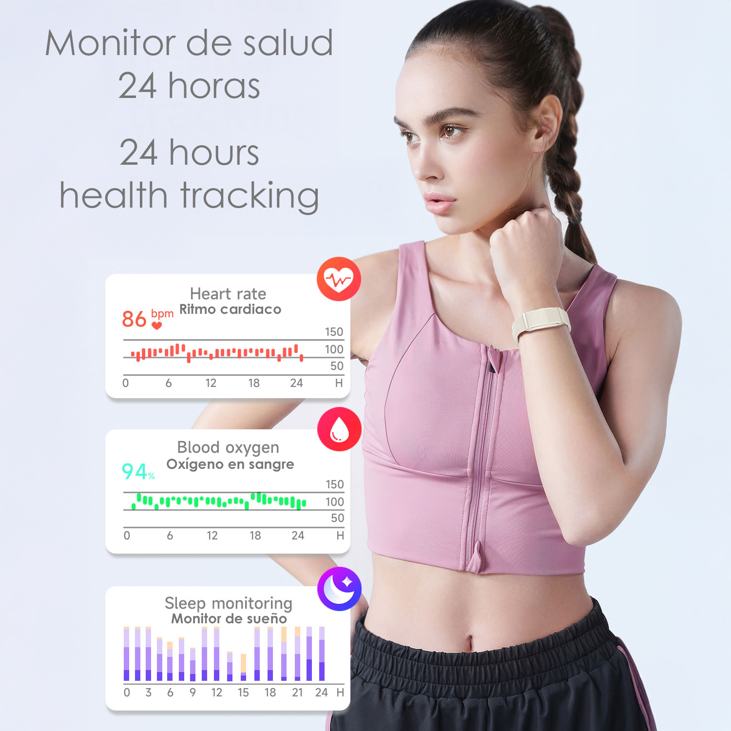 Una donna con un fitness tracker, che mostra le metriche di salute. Visualizza frequenza cardiaca, ossigeno nel sangue e dati di monitoraggio del sonno.