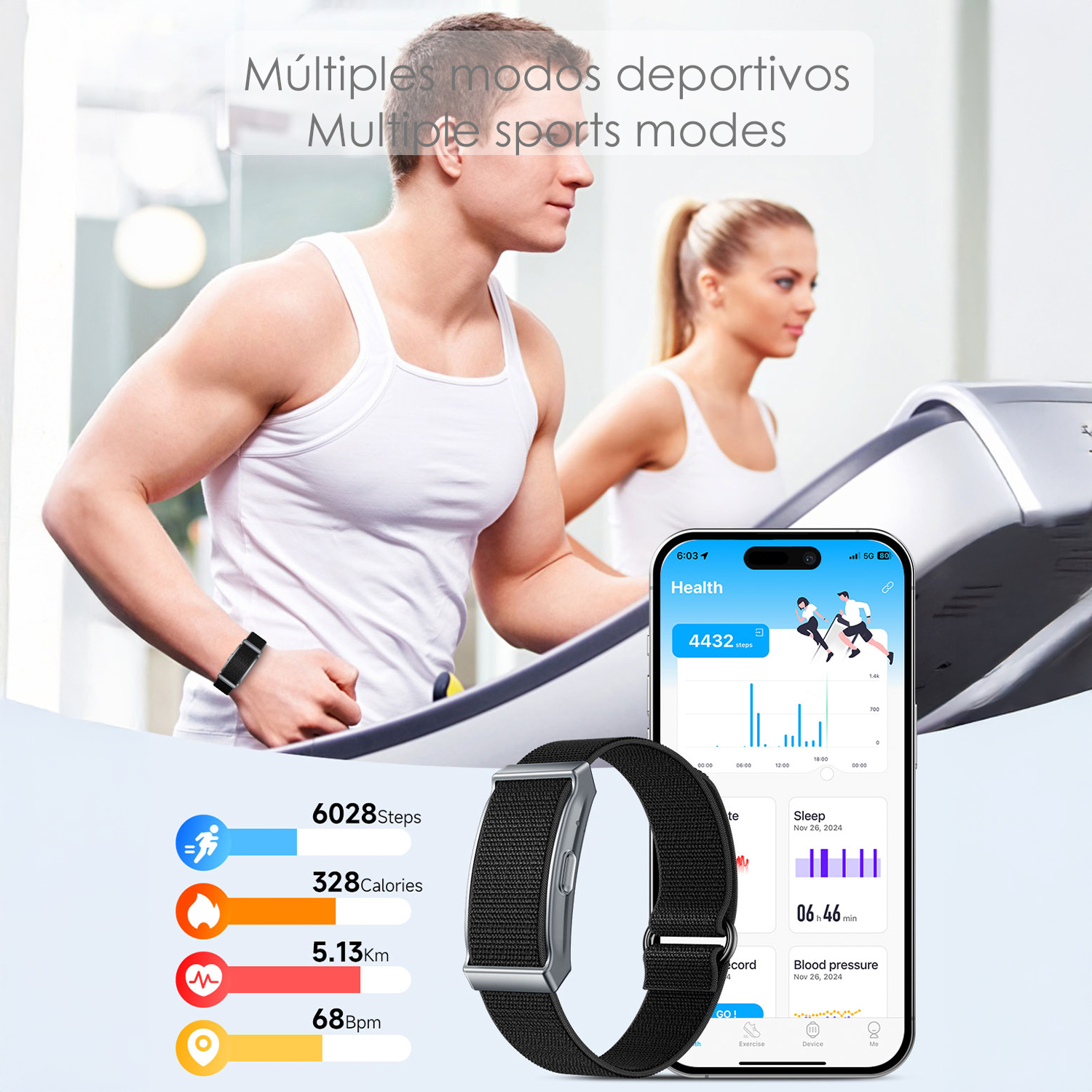 Un uomo e una donna corrono su tapis roulant. Uno smartwatch mostra i dati sanitari. Statistiche: passi, calorie, distanza e bpm.