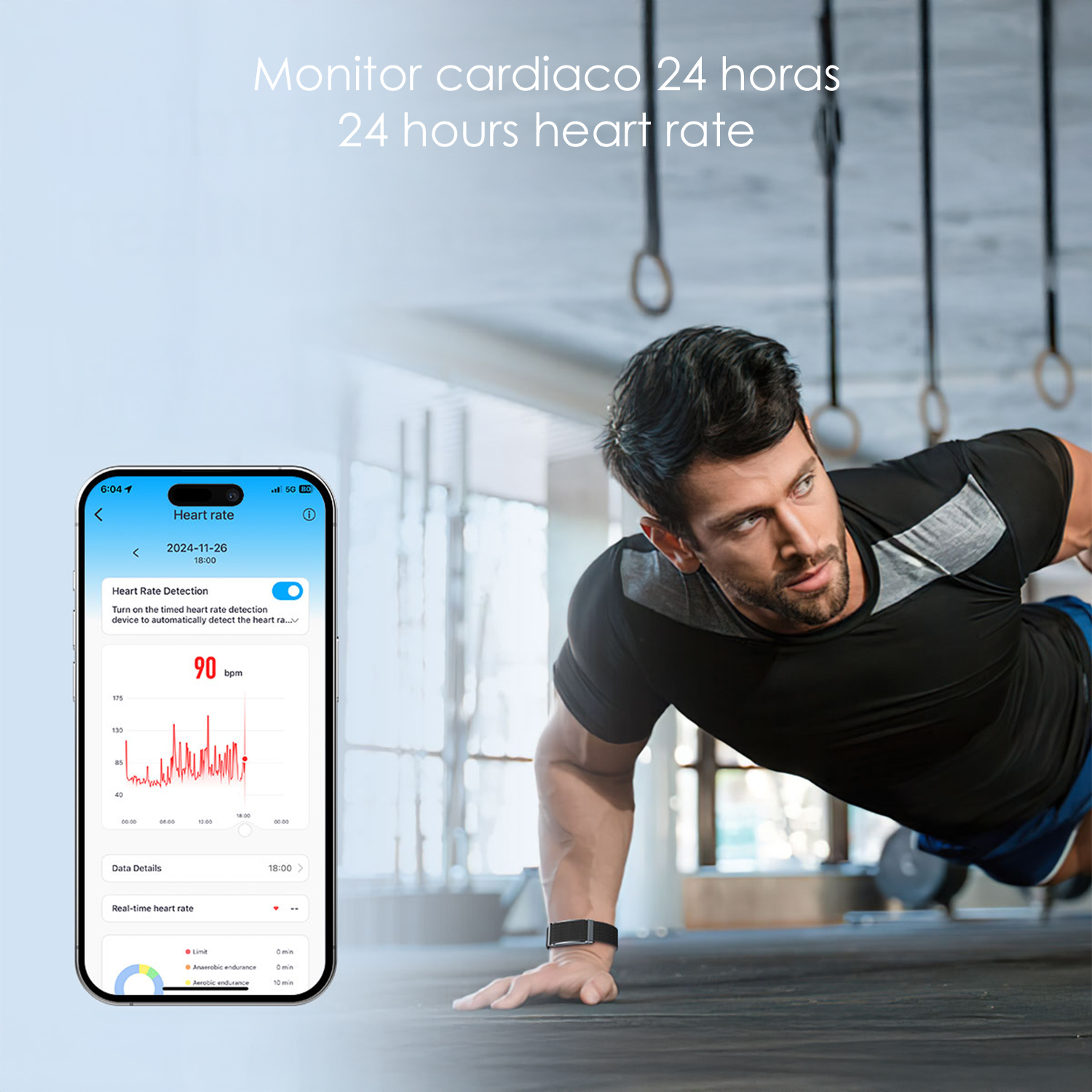 Uomo che fa flessioni, cardiofrequenzimetro al polso. Il telefono mostra i dati sulla frequenza cardiaca. Testo: frequenza cardiaca 24 ore.