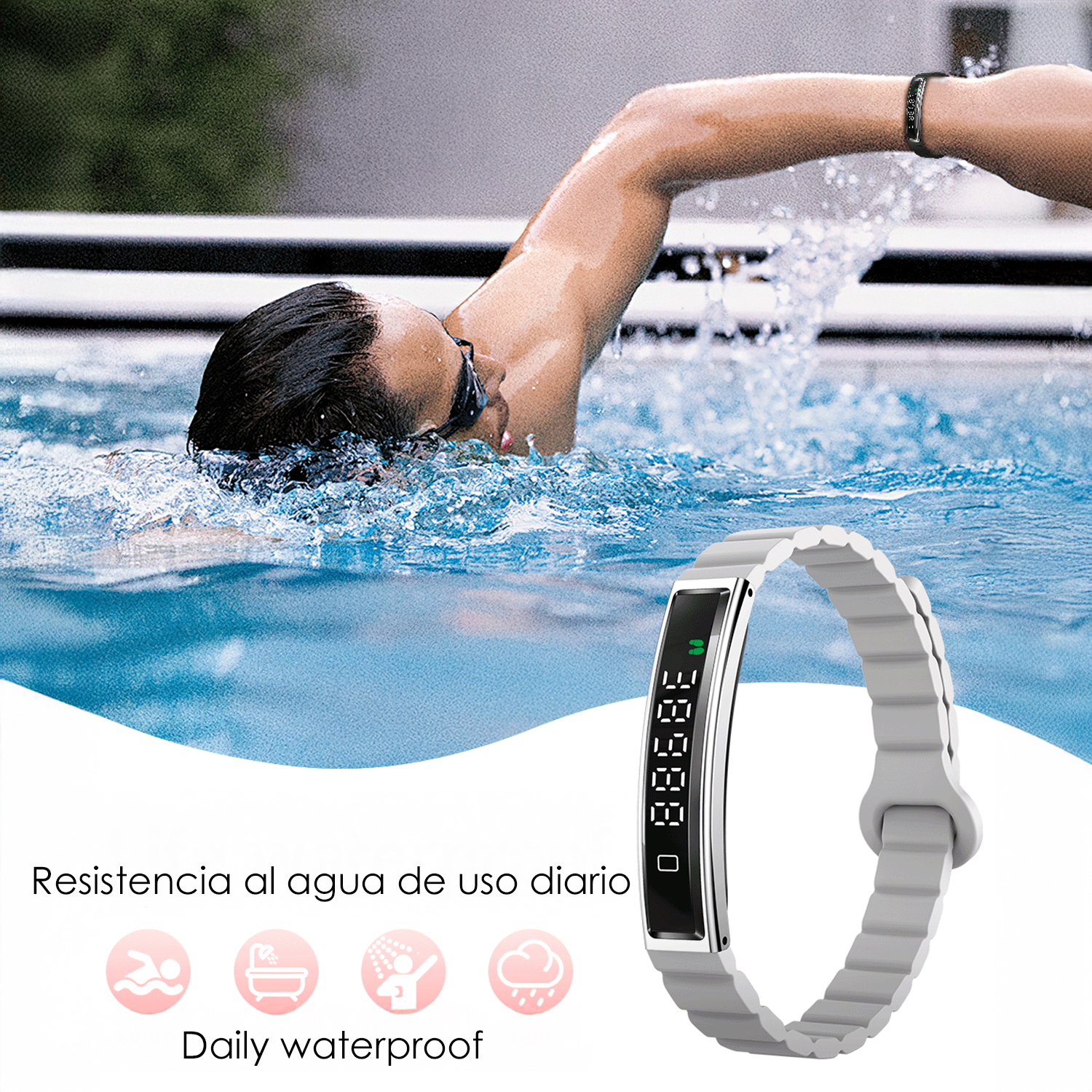 Una persona nuota in piscina con un fitness tracker. Il tracker è grigio, mostra numeri. Il testo sotto dice: Impermeabile quotidiano.