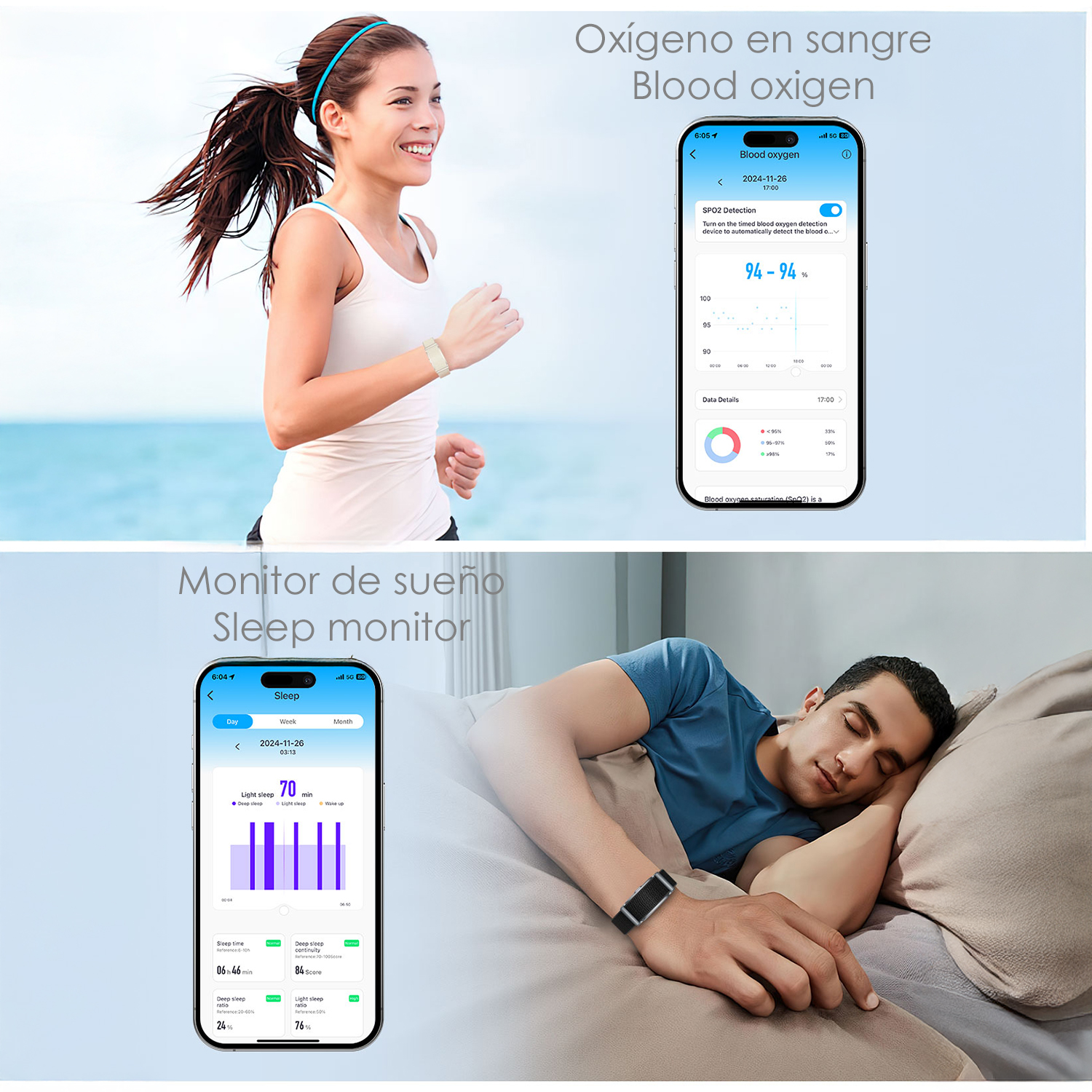 L'immagine mostra una donna che corre in riva al mare e un uomo che dorme. Visualizzazioni dell'ossigeno nel sangue e del monitoraggio del sonno.