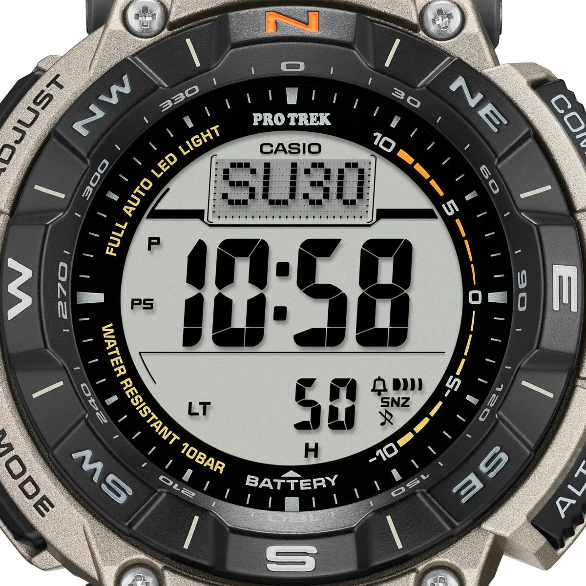 Primer plano de la esfera de un reloj digital que muestra la hora: 10:58 y otros datos. El reloj tiene un bisel negro y plateado.