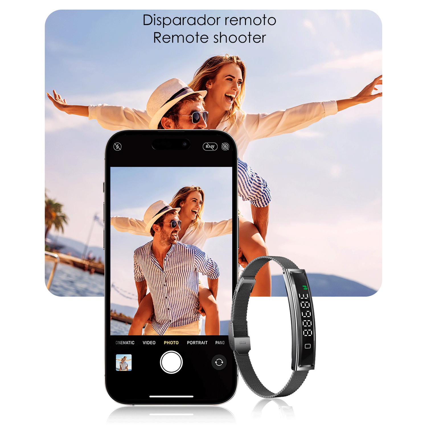 Un uomo porta una donna. Il telefono mostra la stessa scena. Vengono mostrati anche un fitness tracker e il testo 'Disparador remoto'.