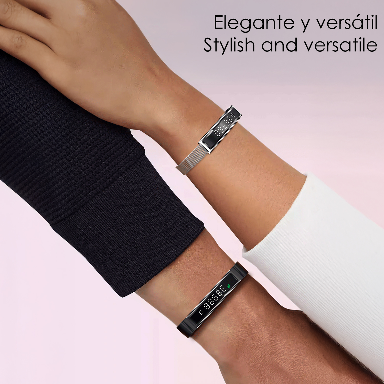 Due polsi con smartwatch, uno argento e uno nero. Lo sfondo è un gradiente rosa e bianco, con testo in alto.