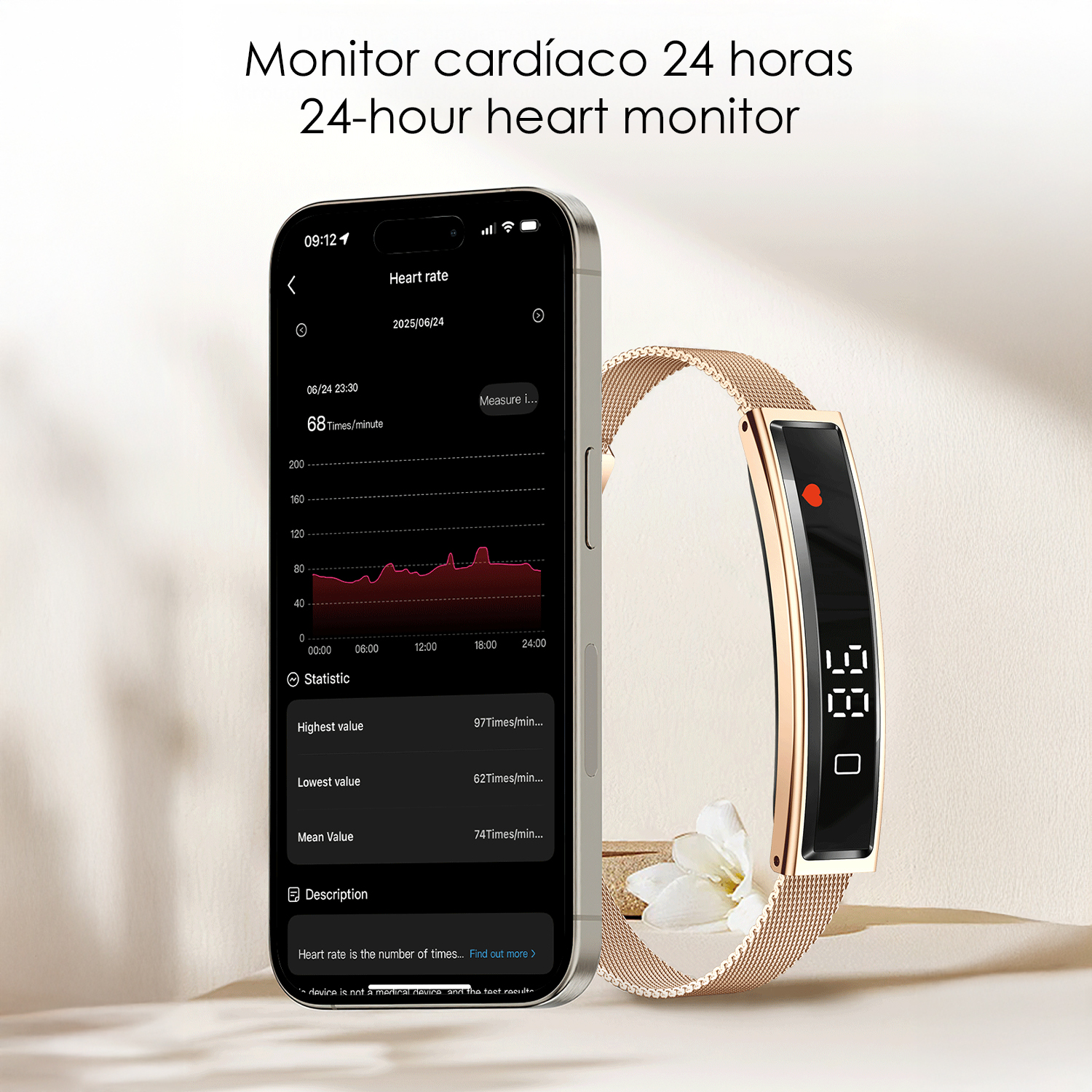 Uno smartphone mostra un grafico della frequenza cardiaca. Un braccialetto intelligente mostra la frequenza cardiaca. Lo sfondo è beige.
