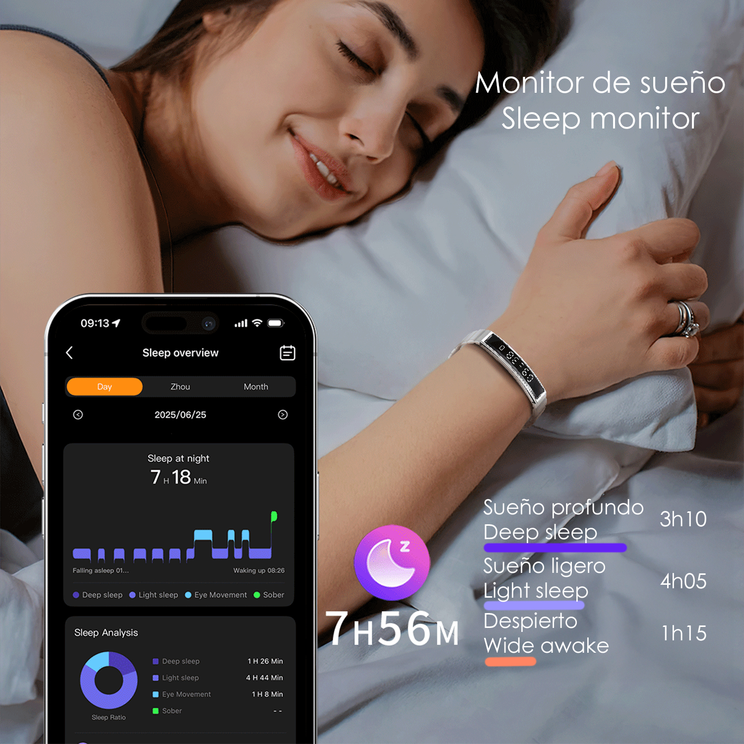 Donna a letto con monitoraggio del sonno. Il telefono mostra i dati del sonno. Il braccialetto mostra l'ora. Il testo indica monitoraggio del sonno e durata del sonno.