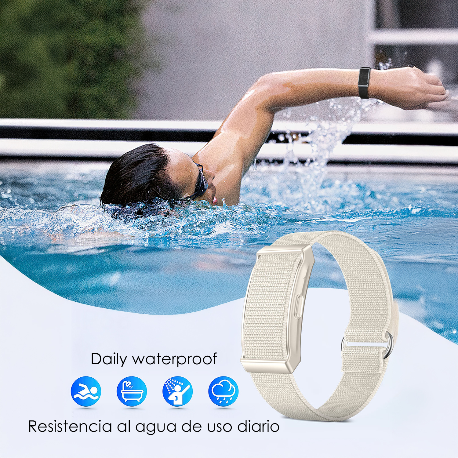 Una persona nuota in una piscina con un orologio nero. Viene mostrato un cinturino beige chiaro. Le icone indicano la resistenza all'acqua.