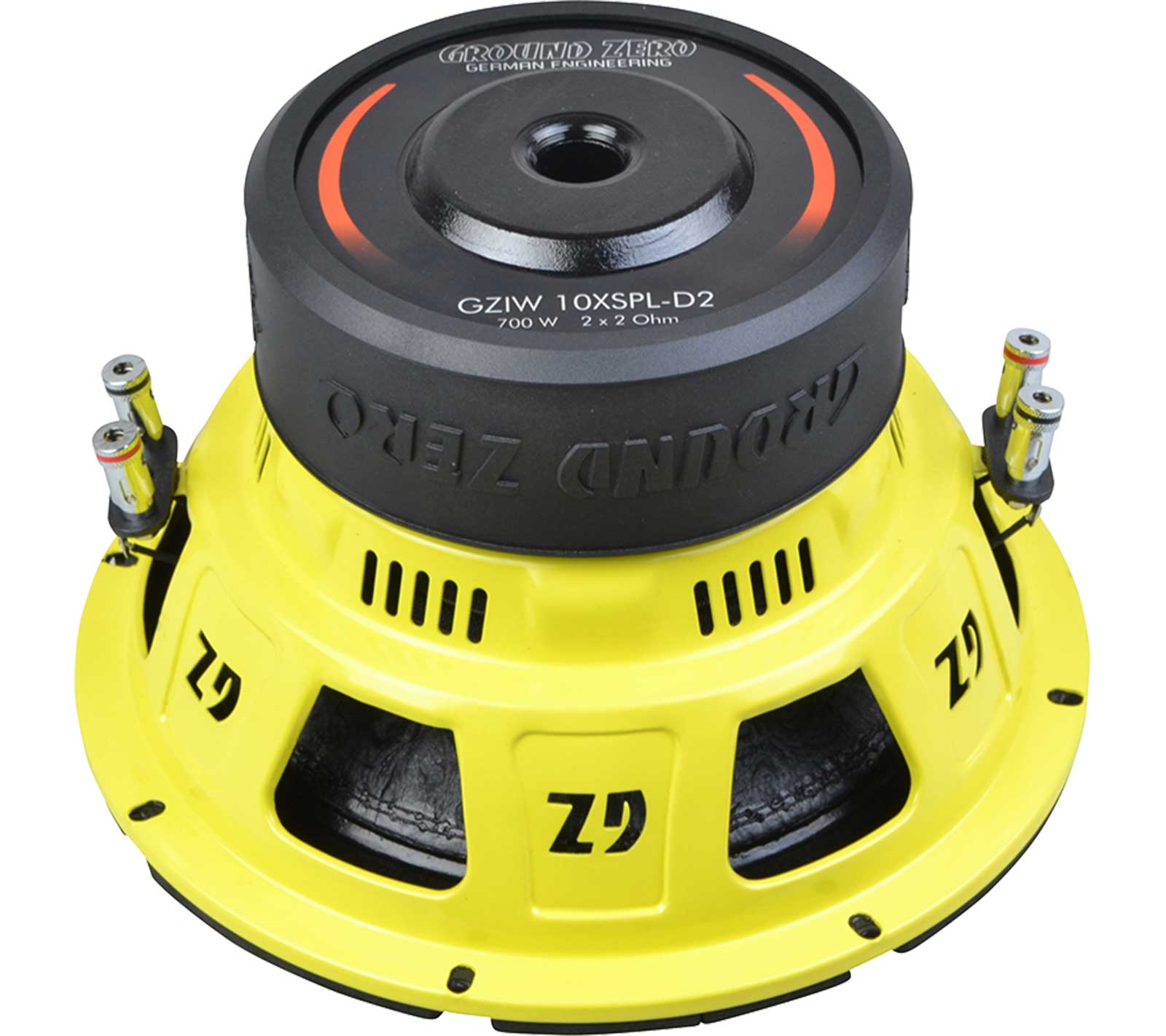 Ein gelb-schwarzer Ground-Zero-Subwoofer. Er hat den Text "Ground Zero" und "GZIW 10XSPL-D2".
