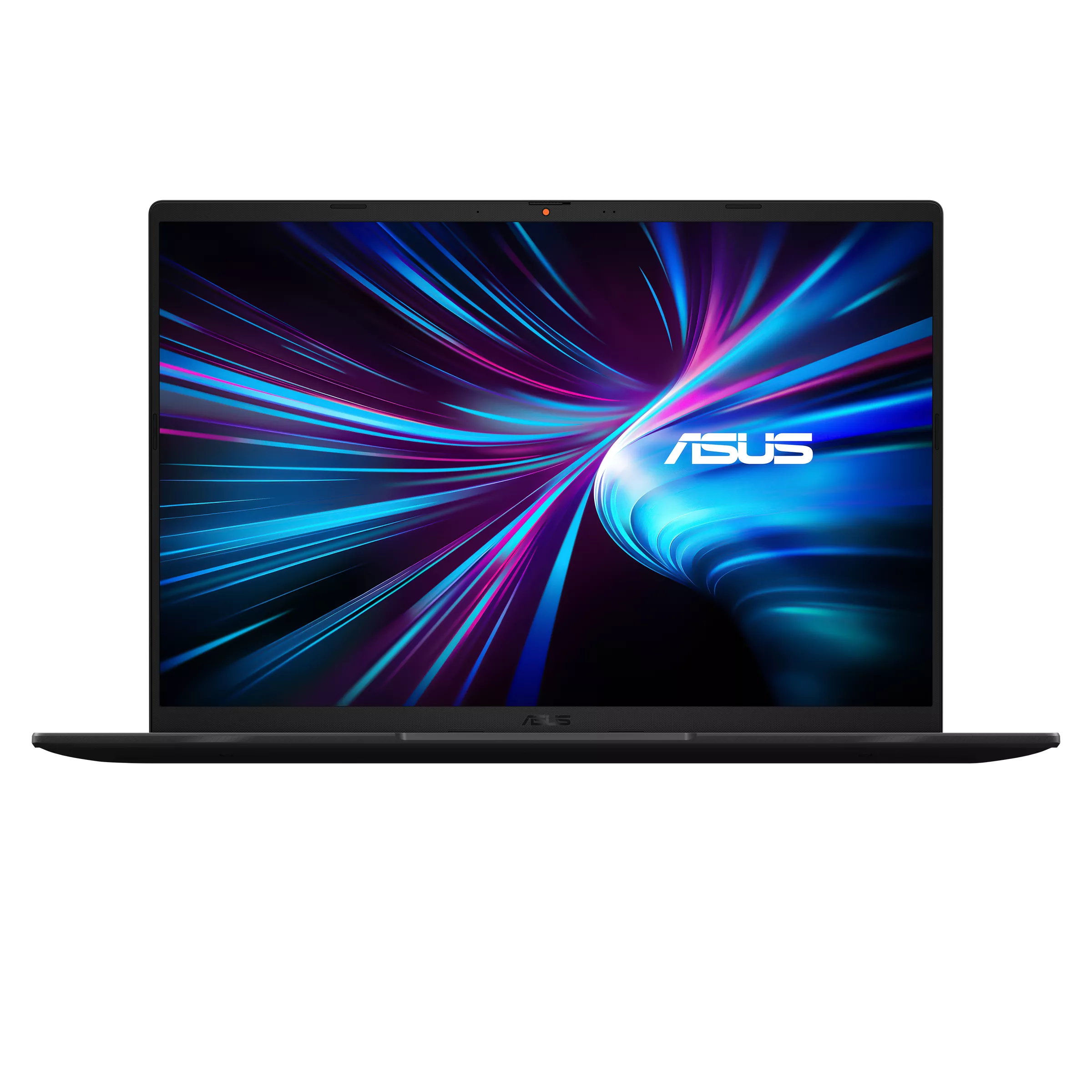 Un laptop scuro con schermo colorato. Il logo ASUS è visibile. Lo sfondo è nero.
