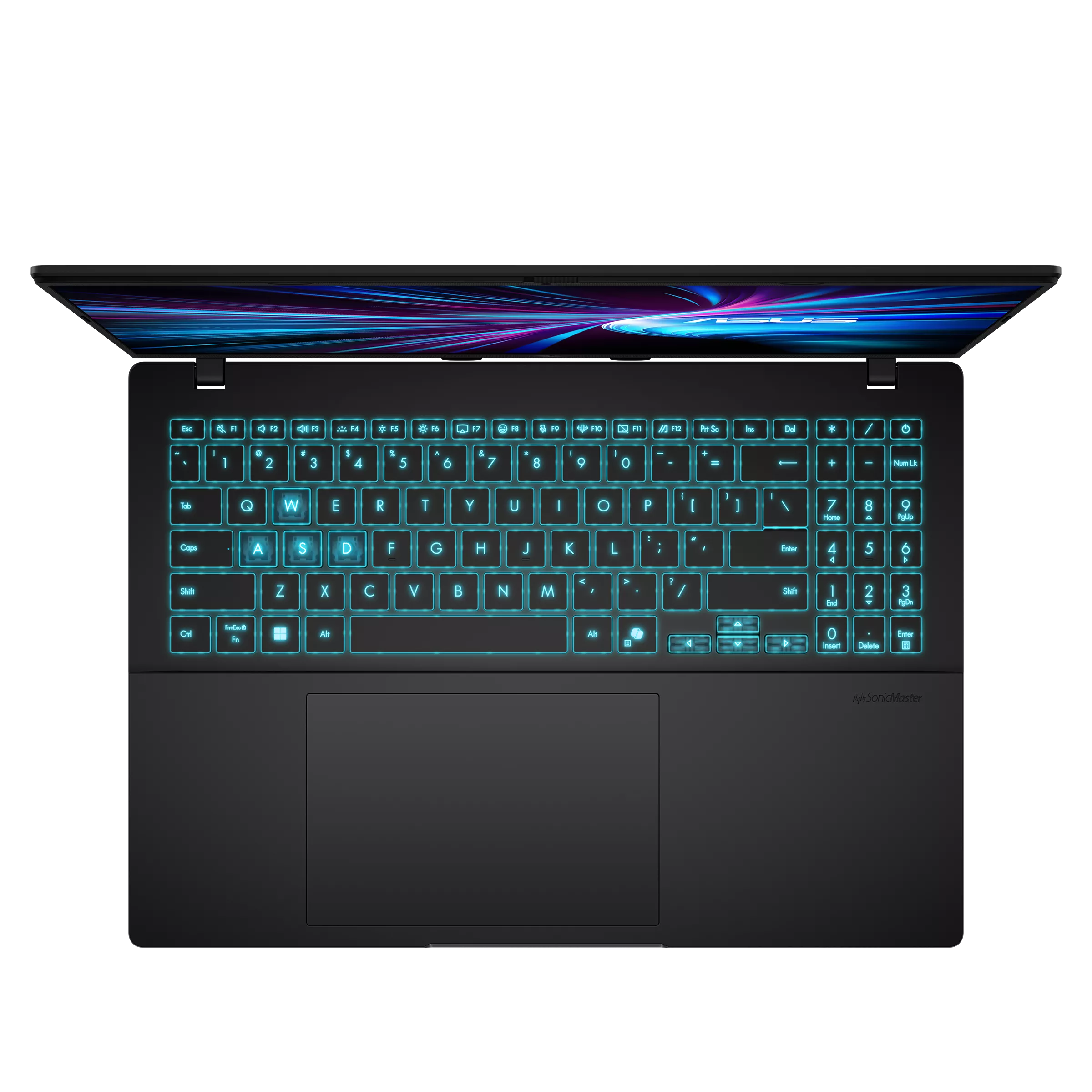 Tastiera del laptop con tasti illuminati e schermo con motivi di luce blu e viola.