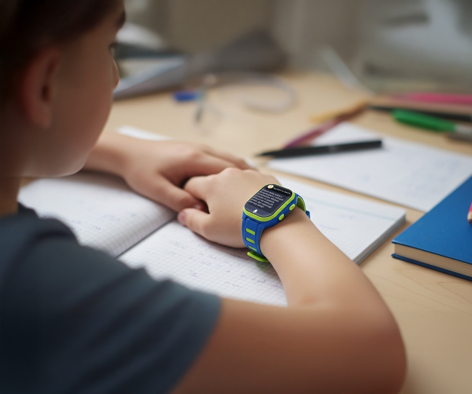 Dziecko noszące niebiesko-zielony smartwatch uczy się przy biurku z notatnikiem i niebieską książką.