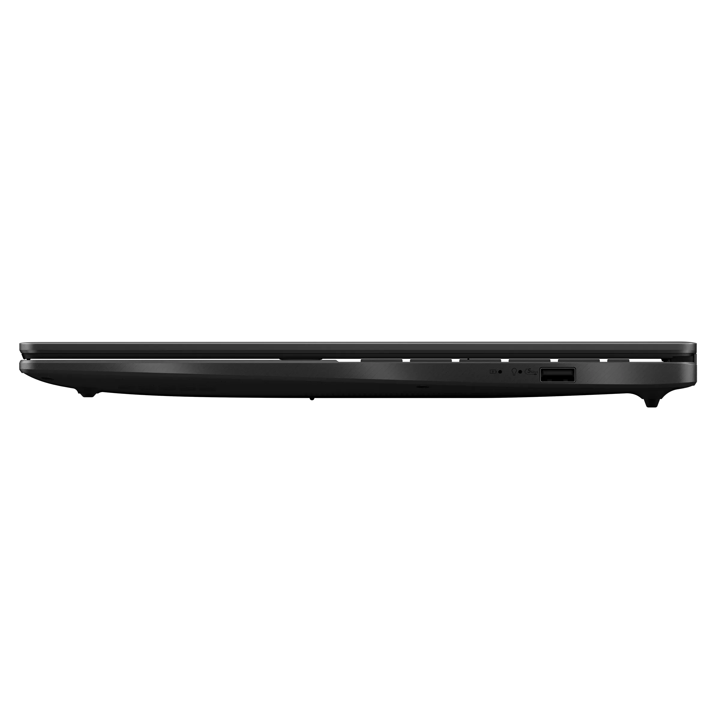 Vista laterale di un laptop nero. Mostra porte e una porta USB. Lo sfondo è nero.
