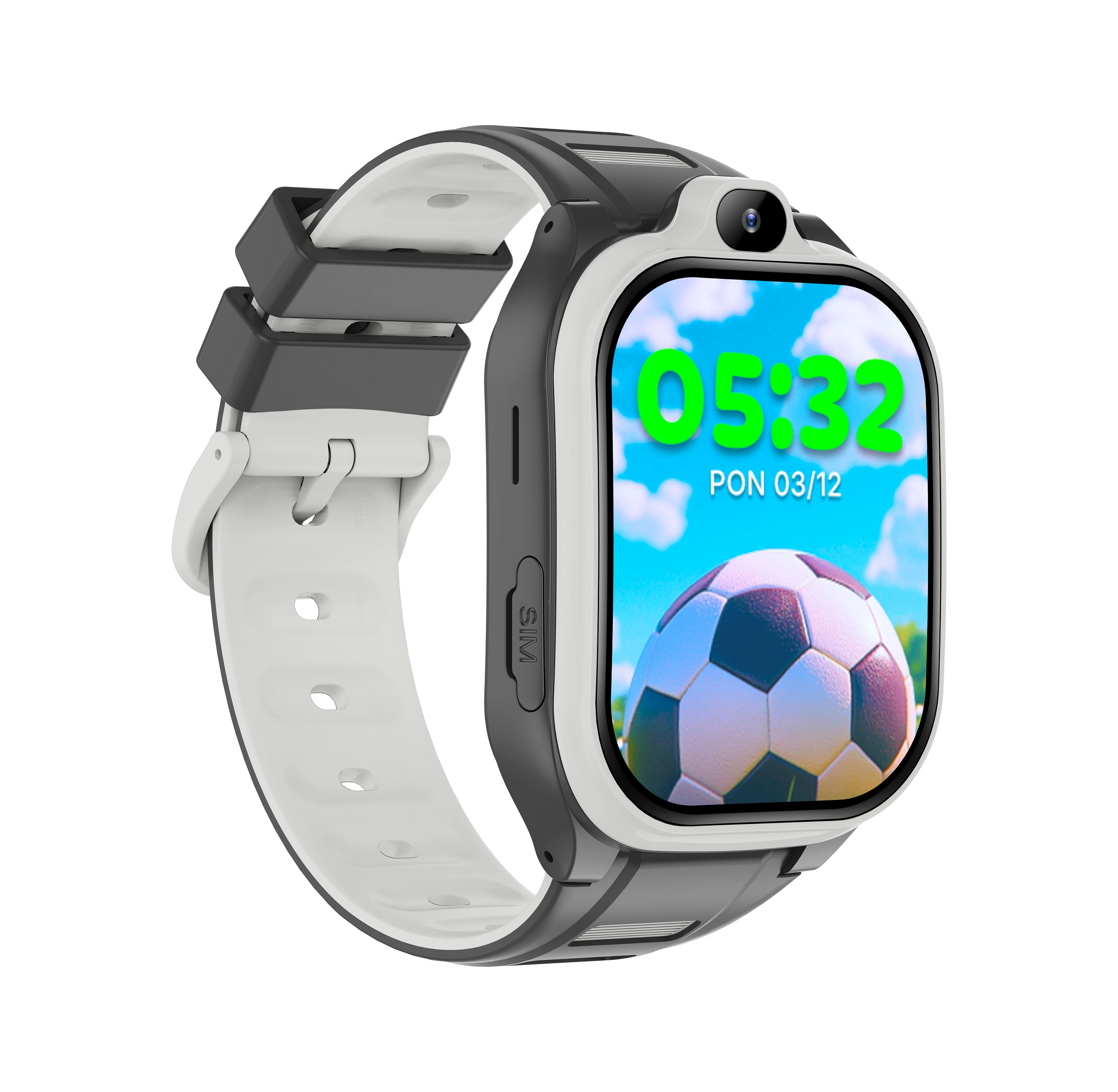 Smartwatch z wyświetlaczem piłki nożnej. Pokazuje godzinę 05:32. Pasek jest biało-szary.
