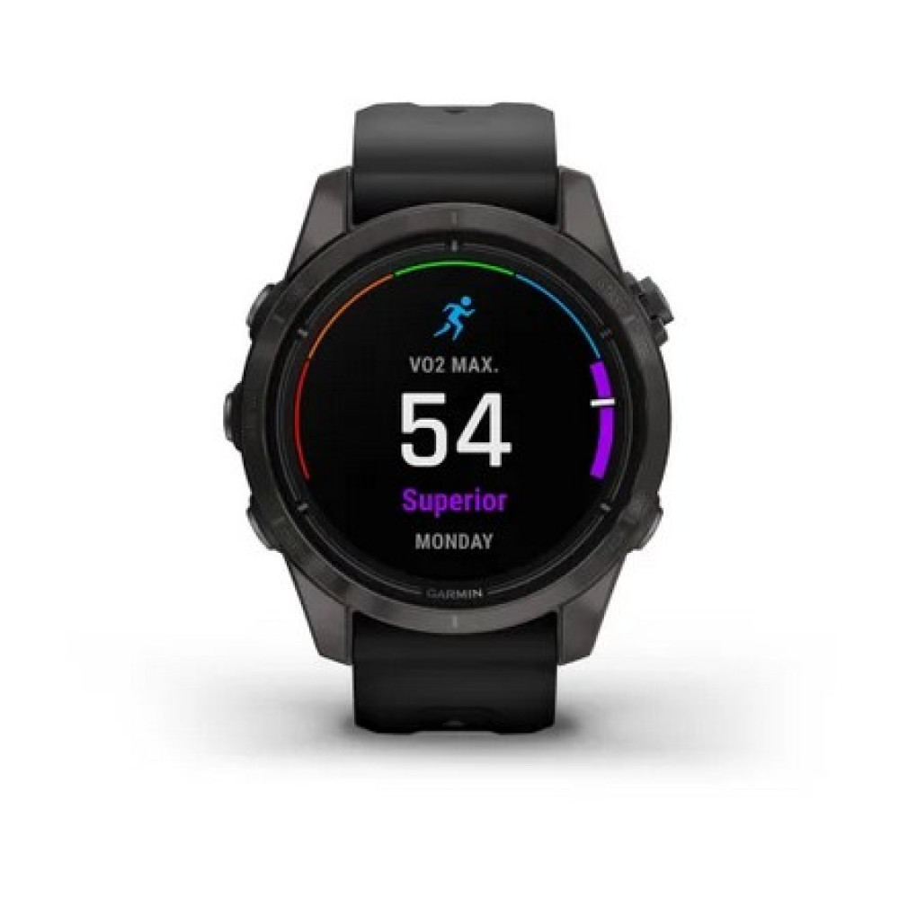 Czarny smartwatch Garmin wyświetla VO2 MAX: 54, Superior, Poniedziałek. Zegarek ma czarny pasek i kolorowy wyświetlacz.