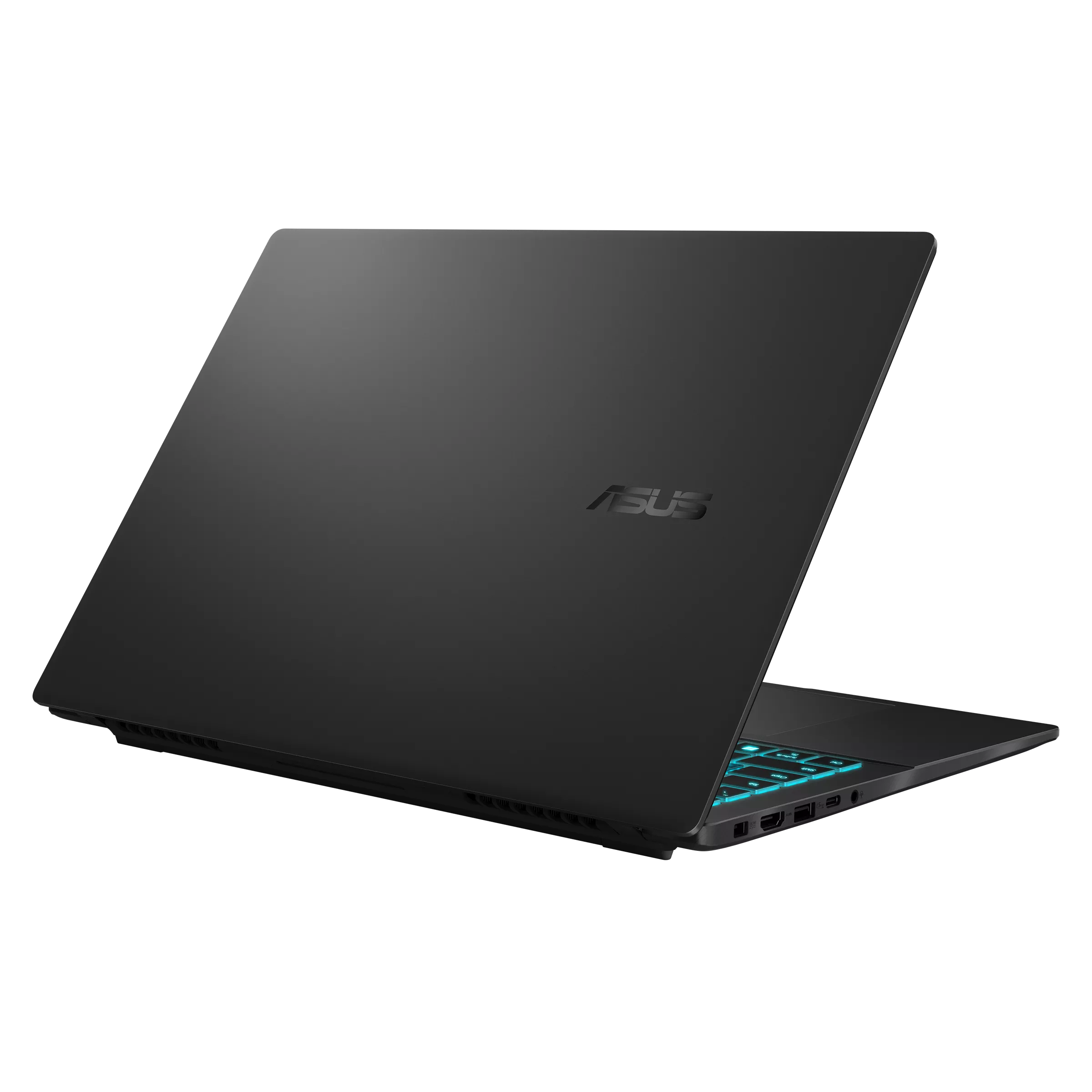 Un laptop ASUS nero è leggermente aperto su sfondo nero. La tastiera ha retroilluminazione blu.