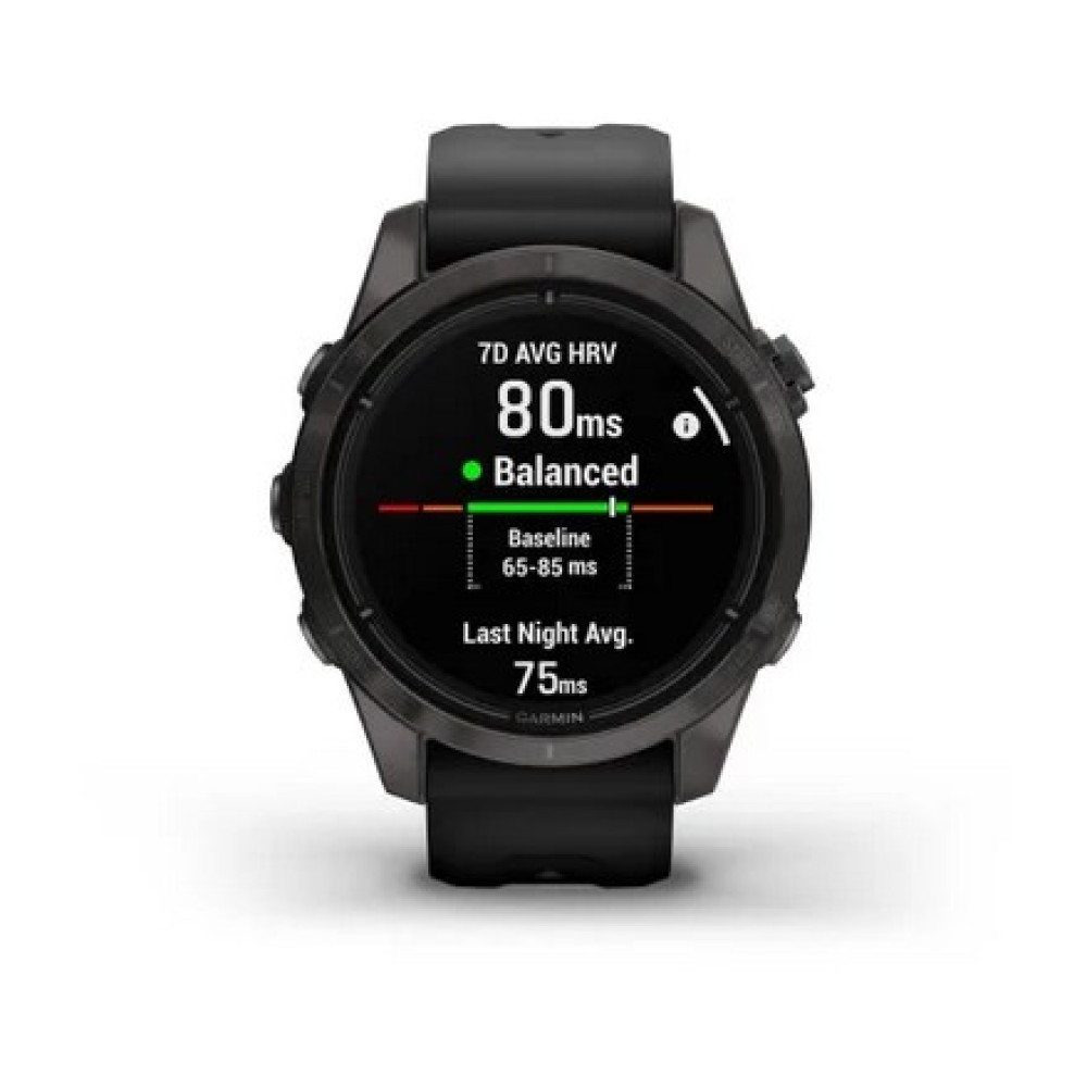 Czarny smartwatch Garmin wyświetla dane dotyczące zdrowia. Ekran pokazuje '80ms Balanced' i inne statystyki na białym tle.
