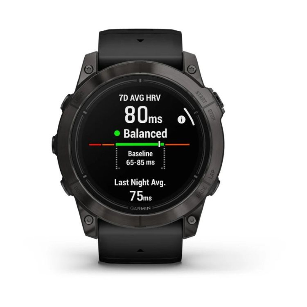 Czarny smartwatch wyświetla 80 ms, zrównoważone HRV. Pokazuje również linię bazową i średnią z ostatniej nocy. Marka to Garmin.
