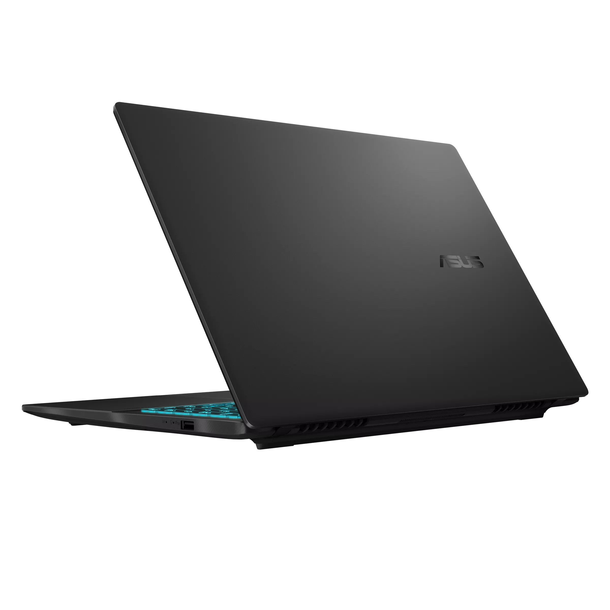 Un laptop ASUS nero è aperto, mostra una tastiera luminosa. Lo sfondo è completamente nero.