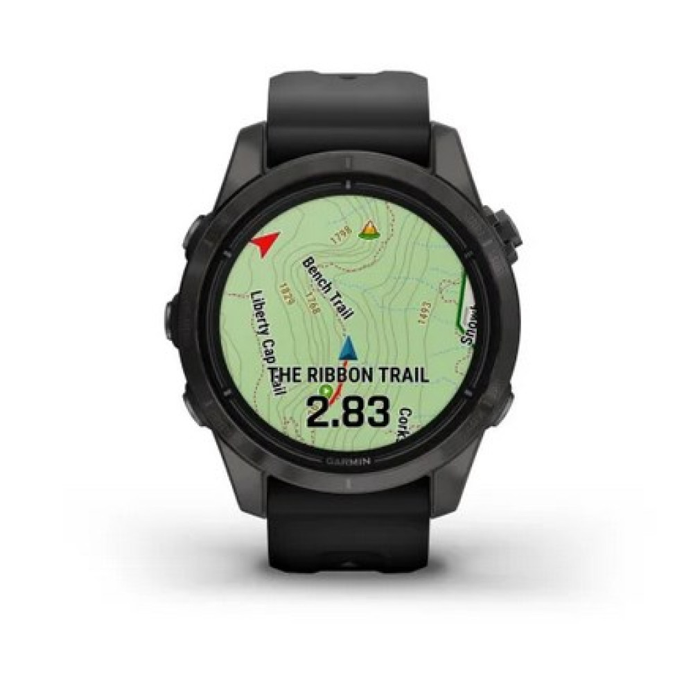 Czarny smartwatch Garmin wyświetla mapę szlaku turystycznego, pokazując odległość, wysokość i nazwy szlaków.