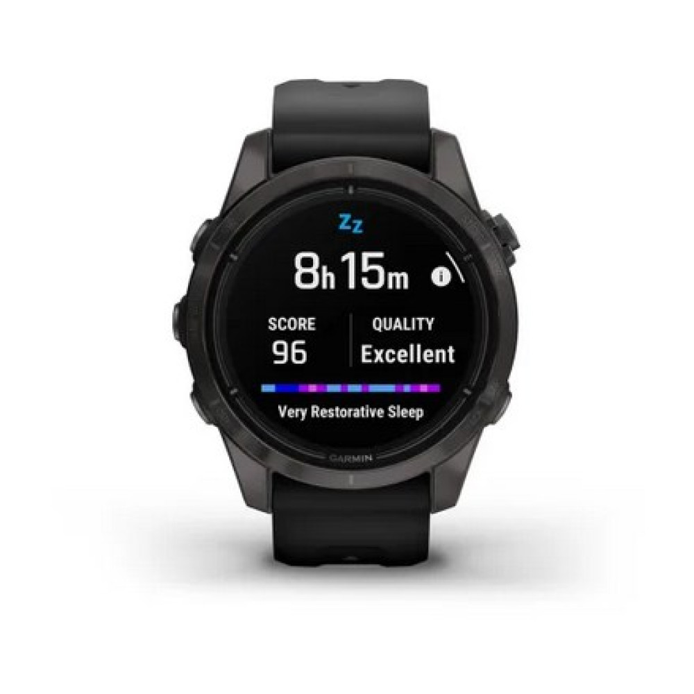 Czarny smartwatch Garmin wyświetla dane dotyczące snu: 8h 15m snu, wynik 96, jakość doskonała i bardzo regenerujący sen.