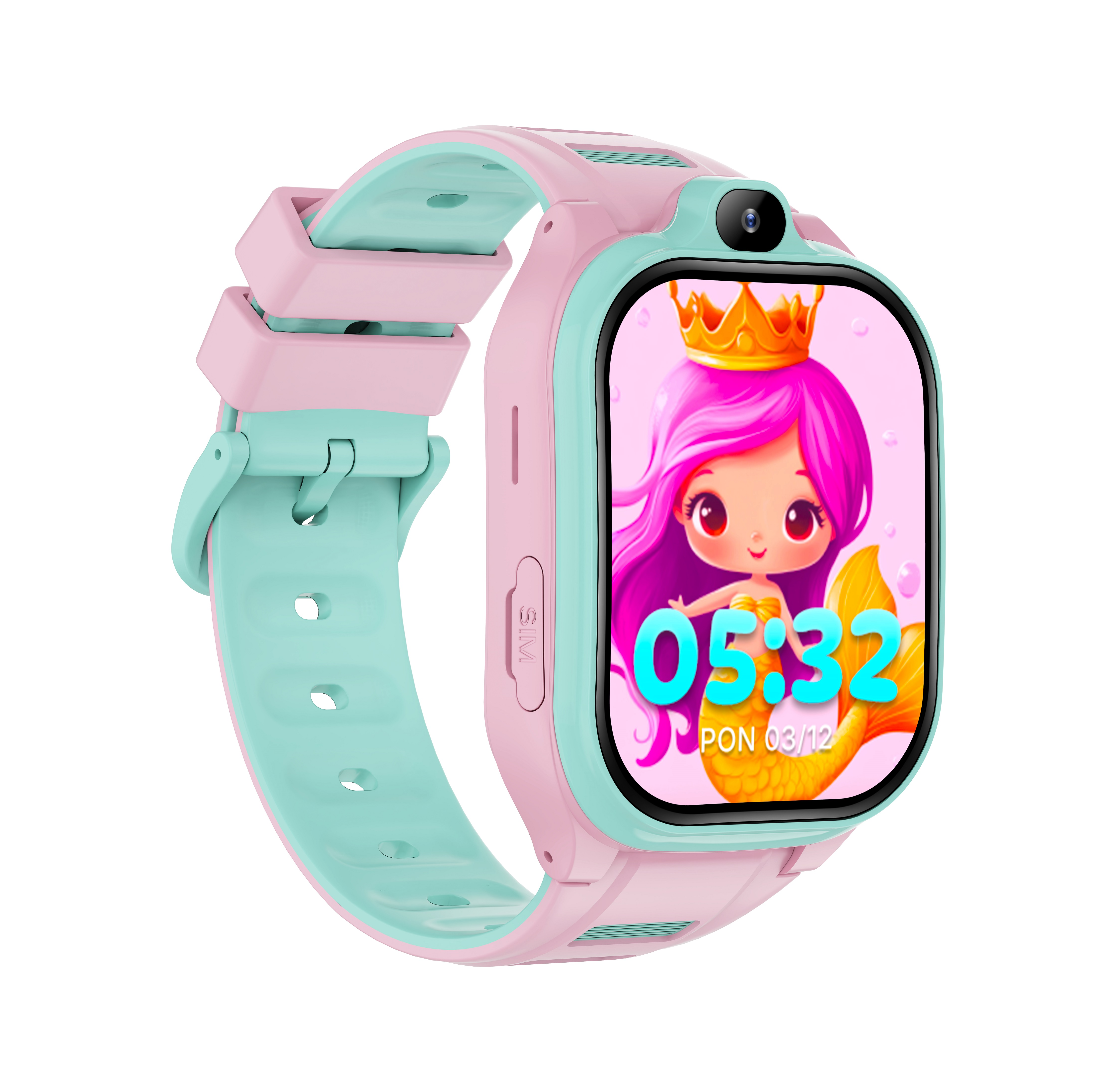 Różowy i turkusowy smartwatch wyświetla na ekranie syrenę. Pokazuje godzinę 05:32 i datę.