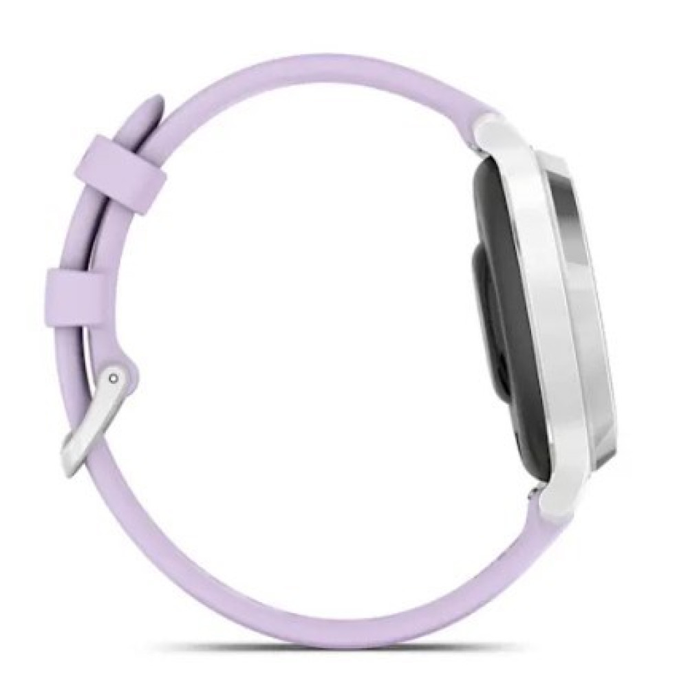 Seitenansicht einer Smartwatch. Sie hat ein hellviolettes Armband und eine silberne Schnalle. Das Zifferblatt ist schwarz-weiß.
