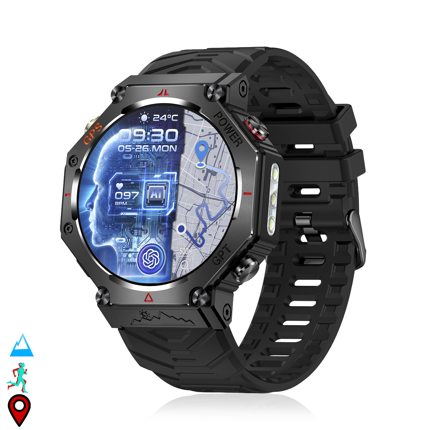 Uno smartwatch nero mostra l'ora, funzioni AI e una mappa. Ha un cinturino nero e dettagli argentati. Lo schermo mostra un quadrante digitale.