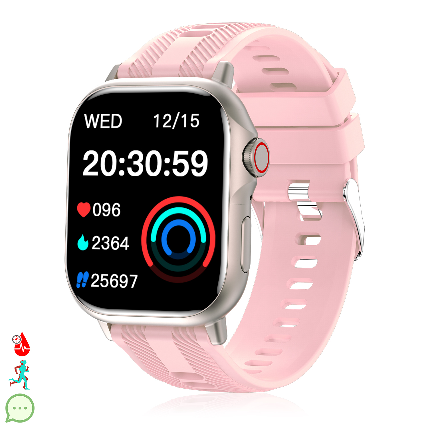 Uno smartwatch rosa mostra ora, data, frequenza cardiaca, passi e dati di attività. Ha una cassa argentata e un cinturino rosa.