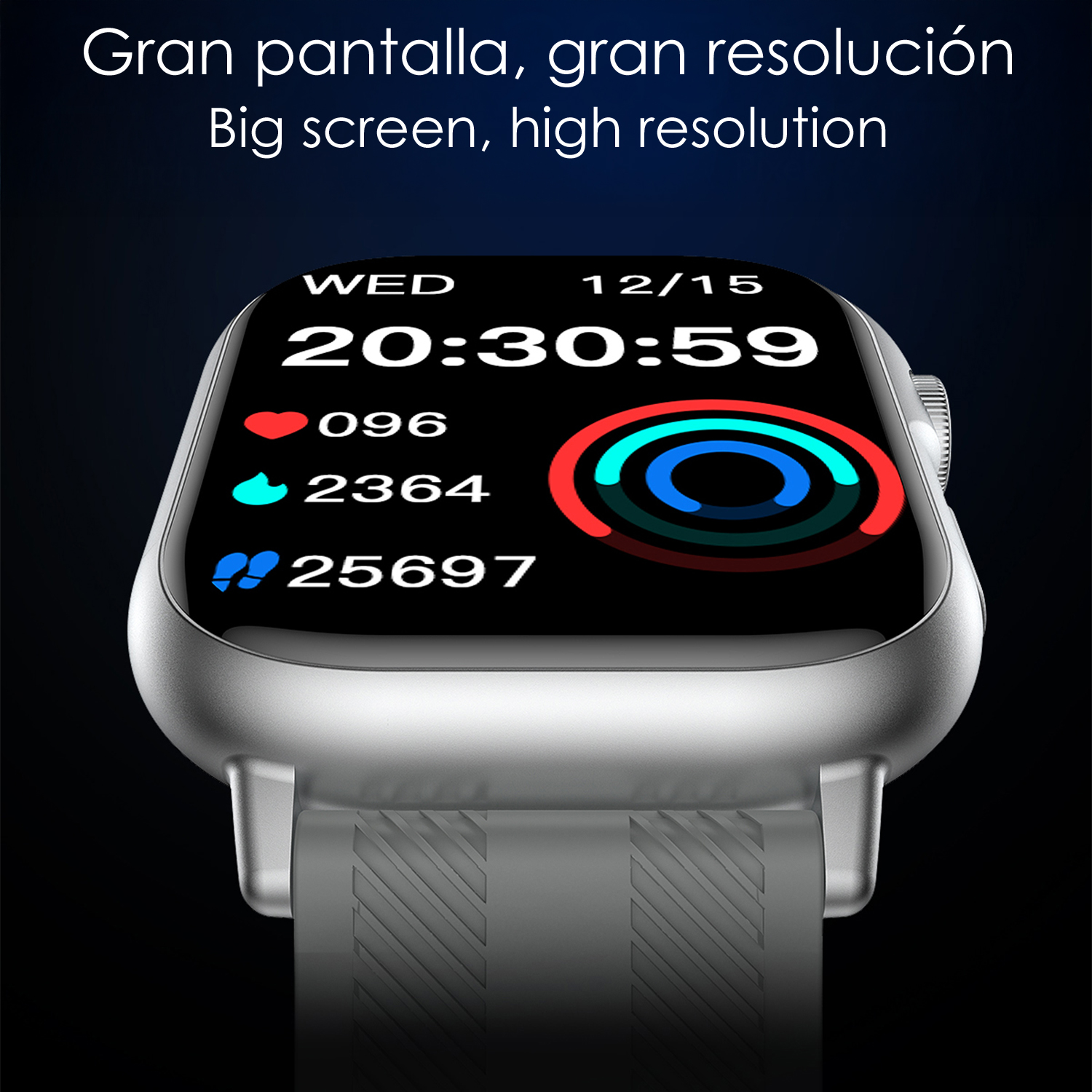 Uno smartwatch mostra l'ora, i parametri sanitari e i dati. Lo schermo mostra l'ora, la frequenza cardiaca, i passi e le calorie bruciate.