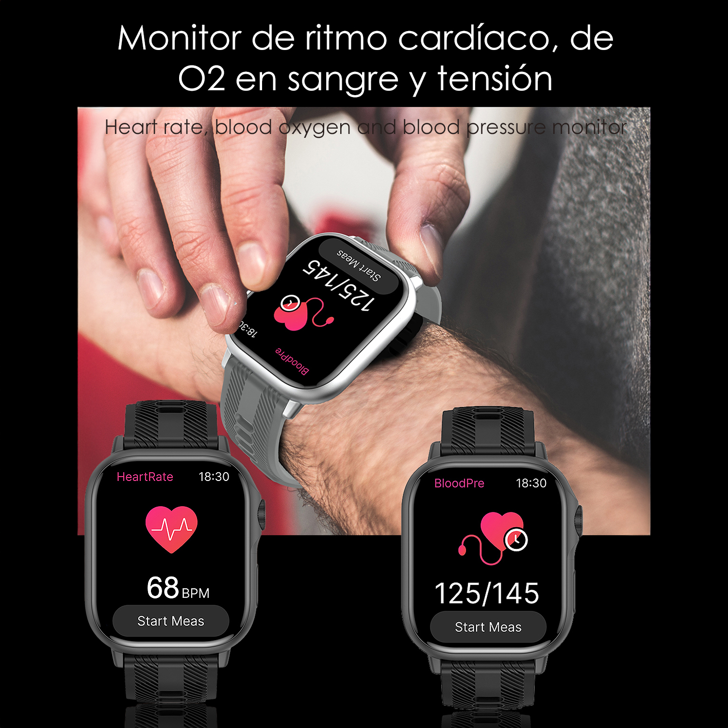 Una persona indossa uno smartwatch che mostra la frequenza cardiaca, l'ossigeno nel sangue e la pressione sanguigna. L'orologio mostra i dati in bianco su sfondo nero.