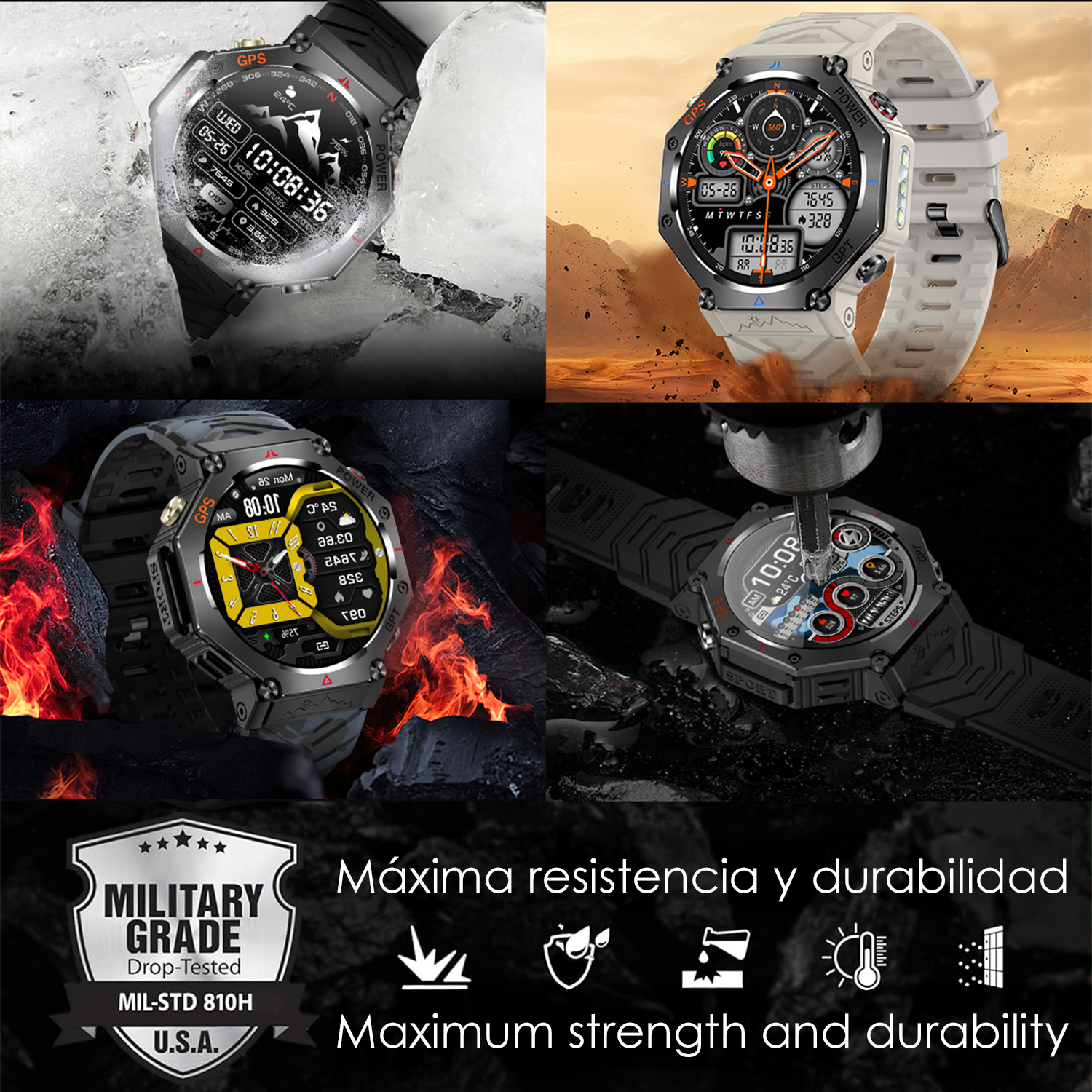 L'immagine mostra quattro smartwatch con vari display. Sono visibili il logo di grado militare e il testo sulla resistenza.