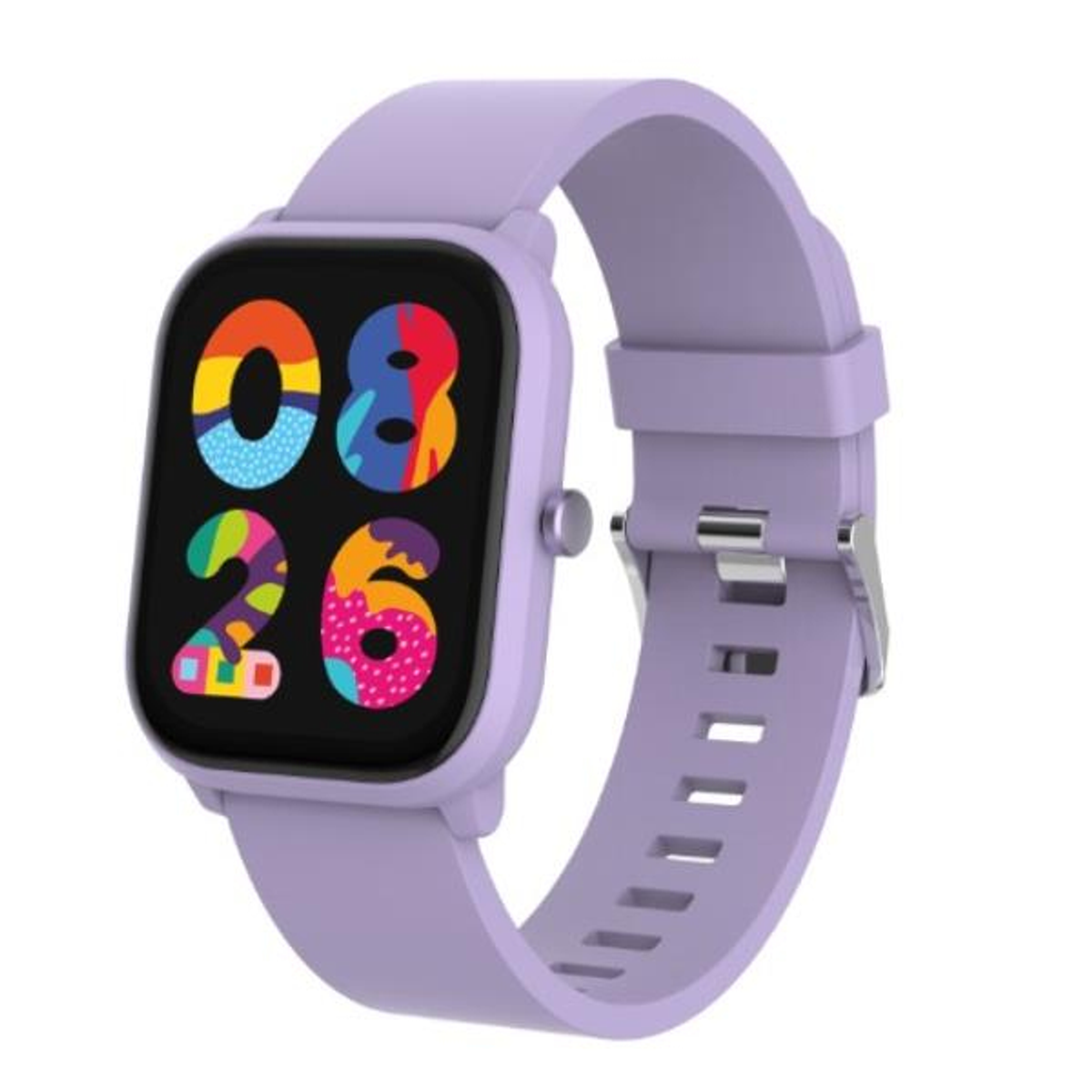 Un reloj inteligente lavanda muestra la fecha, 08/26, en números coloridos. El reloj tiene una correa a juego y un cierre plateado.