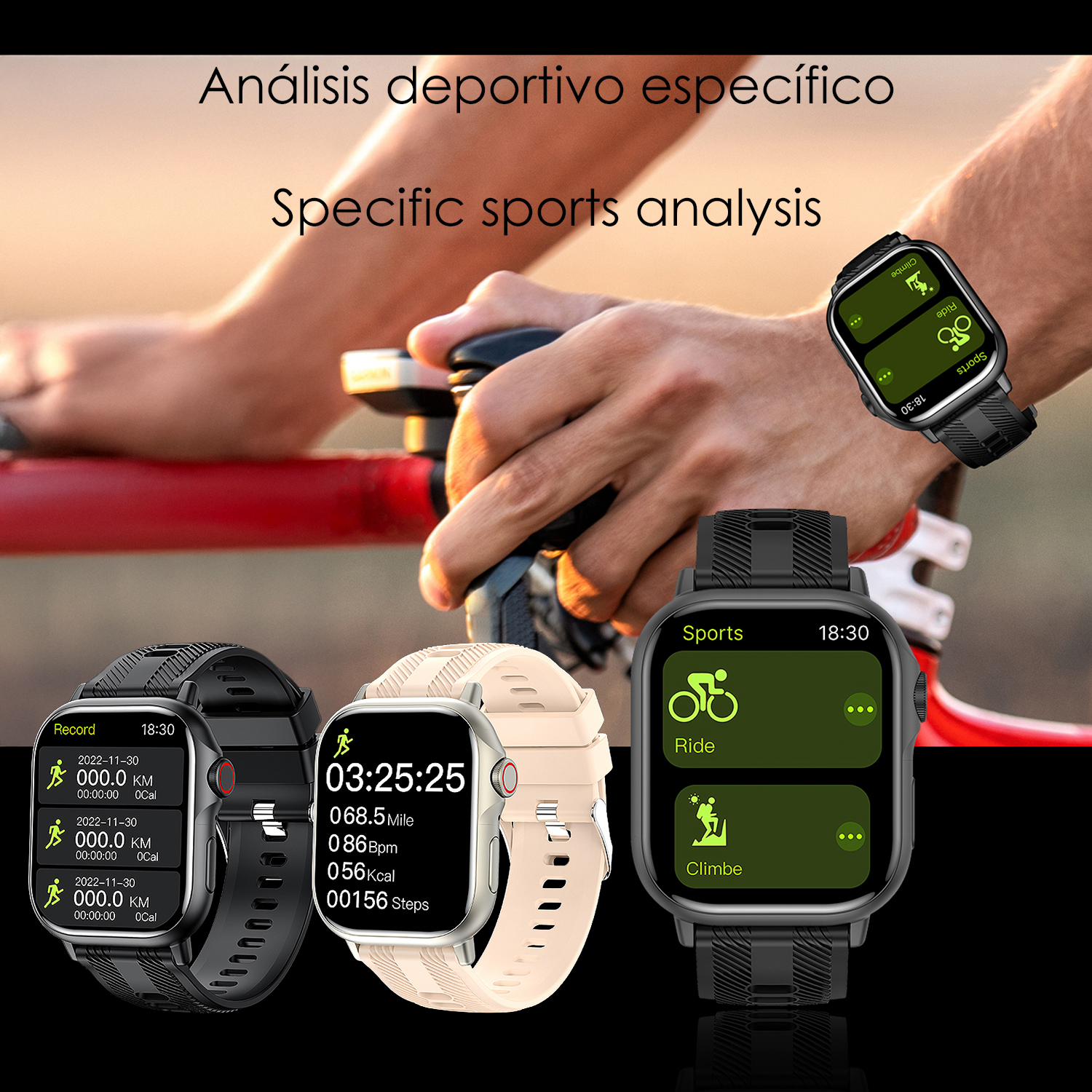 Una persona che tiene il manubrio di una bicicletta con tre smartwatch che mostrano dati sportivi, tra cui tempo, distanza e calorie.