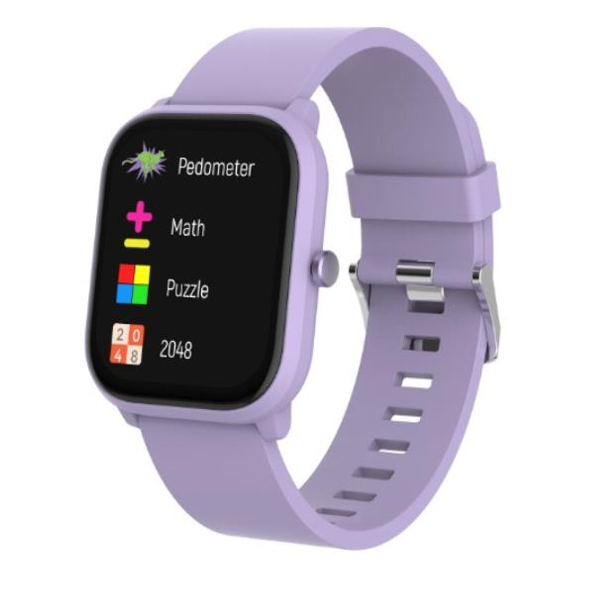 Un smartwatch lavanda muestra 'Pedometer', 'Math', 'Puzzle' y '2048'. El reloj tiene una correa a juego con cierre metálico.