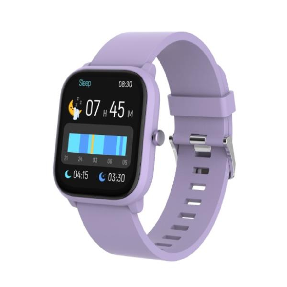 Un reloj inteligente lavanda muestra datos de sueño. La pantalla muestra la hora y la duración del sueño. La correa también es lavanda.
