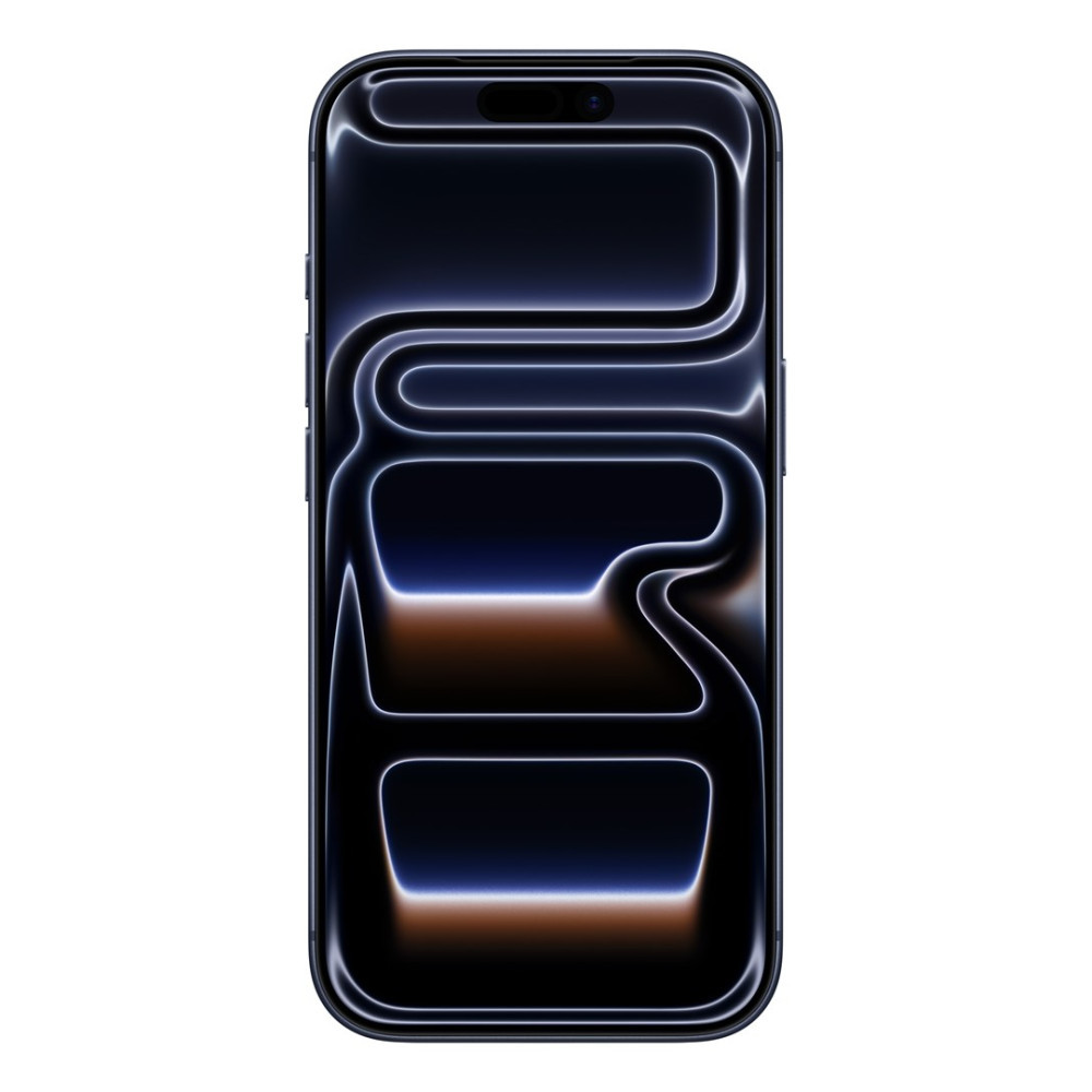 Un teléfono inteligente oscuro con un diseño abstracto brillante en la pantalla. La pantalla tiene un degradado negro y marrón con contornos blancos.