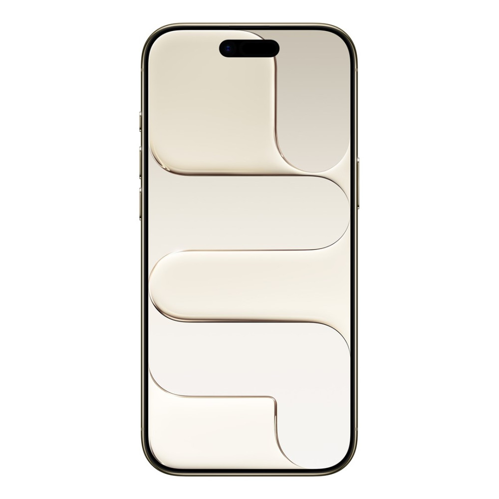 Goldenes Smartphone mit hellem Bildschirm, der geschwungene Formen zeigt. Das Telefon hat oben eine schwarze Kamera und einen goldenen Rahmen.