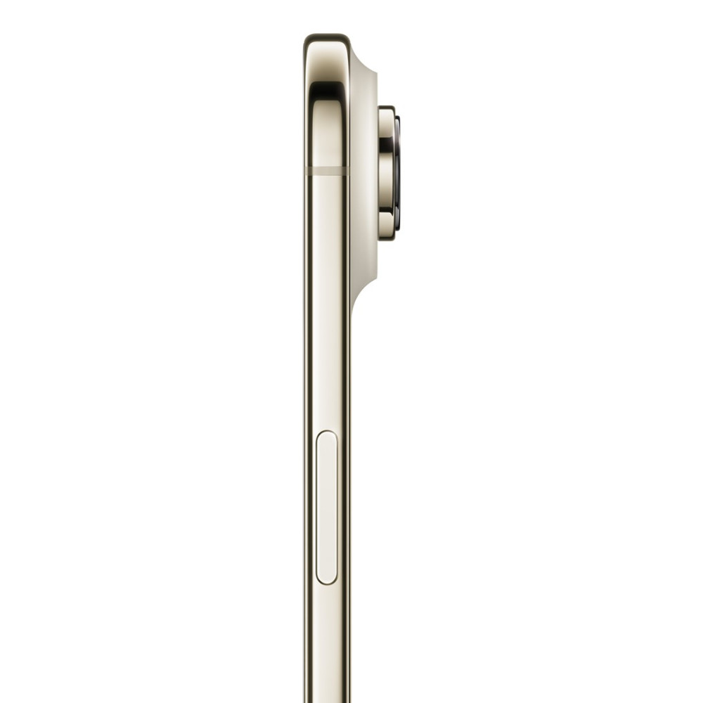 Seitenansicht eines goldenen Smartphones. Die Kameraerhebung ist oben rechts sichtbar. Eine Power-Taste befindet sich an der Seite.