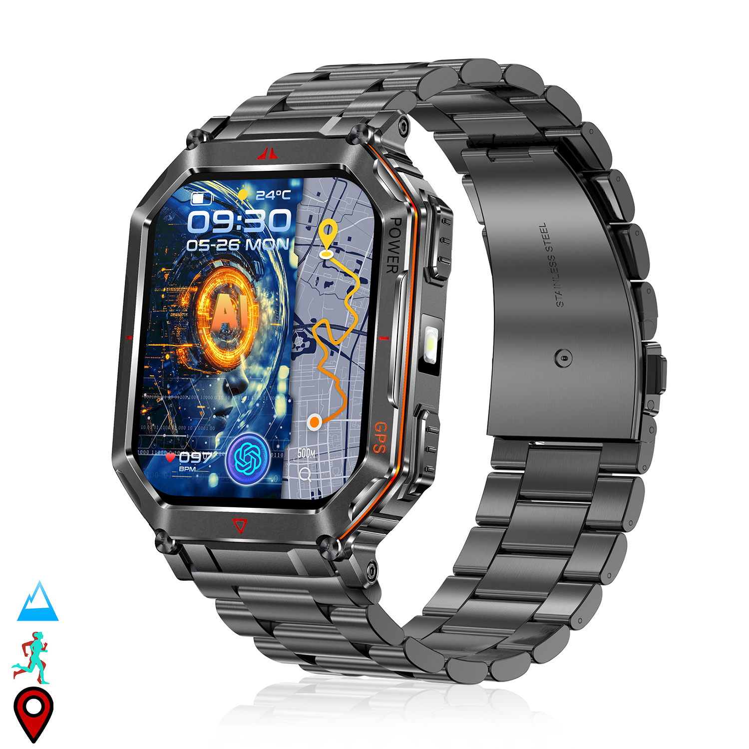 Uno smartwatch metallico mostra ora, data e dati della mappa. Ha un cinturino nero e uno schermo con 24°C, 09:30 e 05-26 MON.
