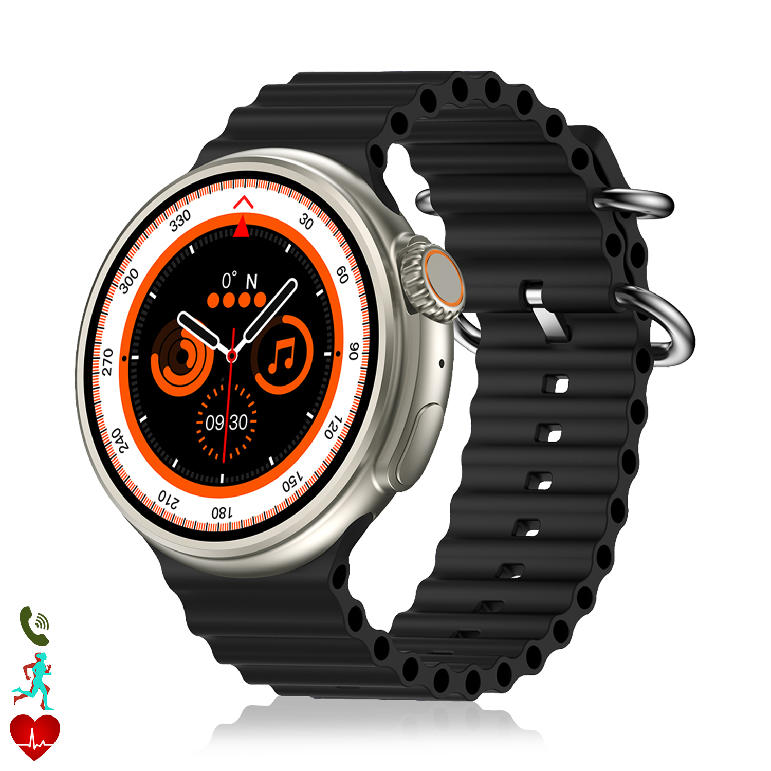 Uno smartwatch argentato con cinturino nero. Il quadrante mostra l'ora, la bussola e l'icona della musica. Icone per chiamate, corsa e frequenza cardiaca.