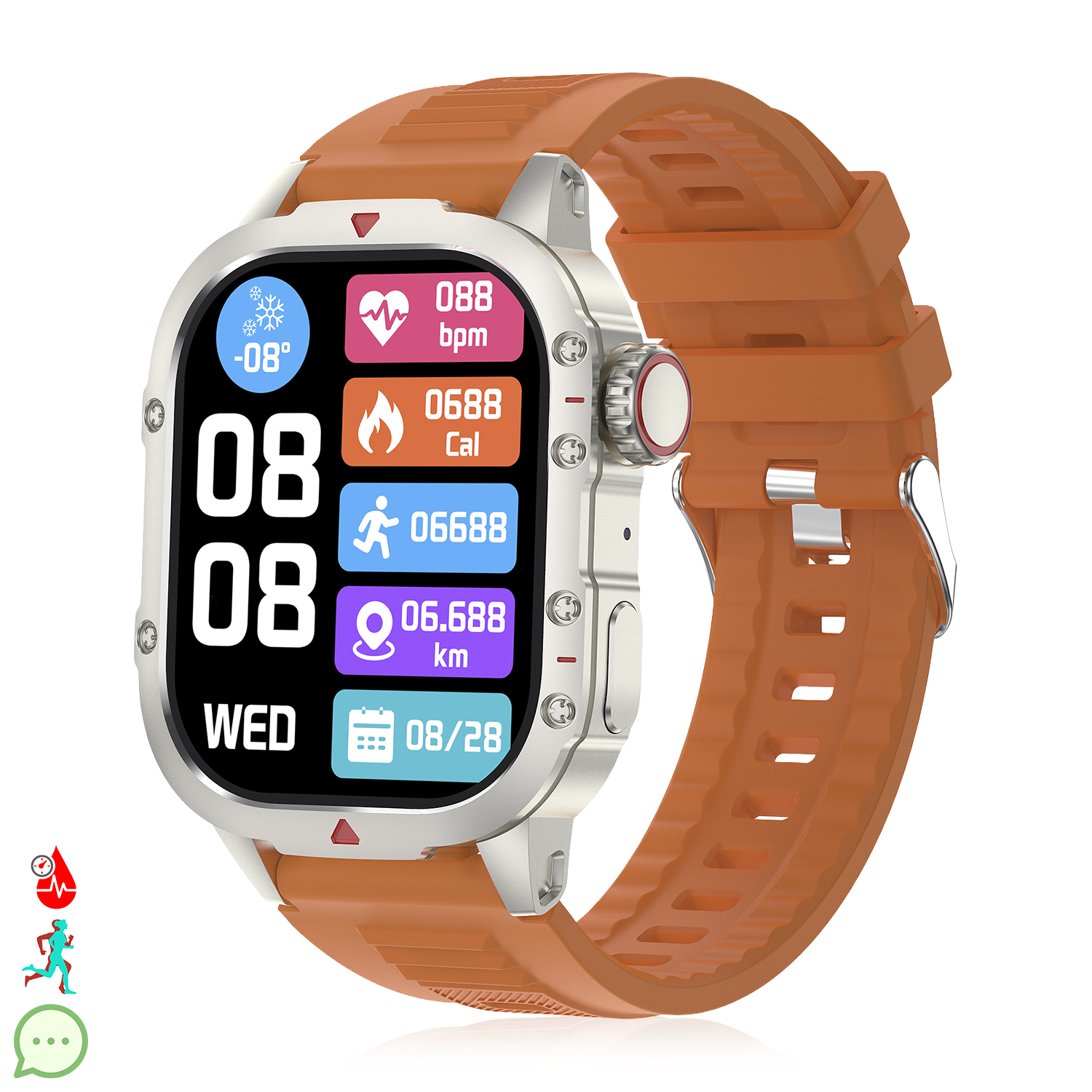 Smartwatch arancione con cornice argentata. Lo schermo mostra dati: temperatura, frequenza cardiaca, calorie, passi e data.