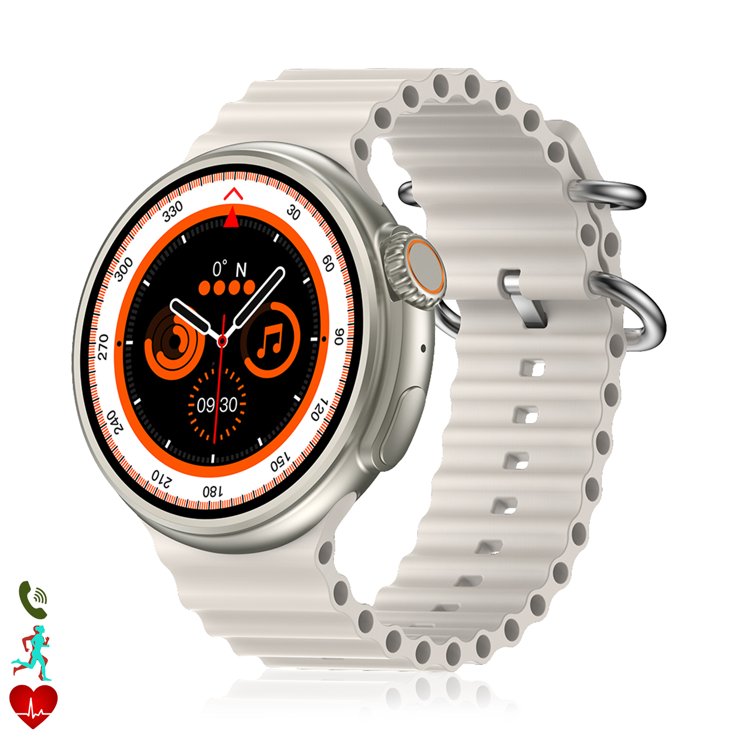 Uno smartwatch con cinturino color crema. Il quadrante mostra dettagli arancioni e neri. Sono presenti icone per chiamate, corsa e frequenza cardiaca.