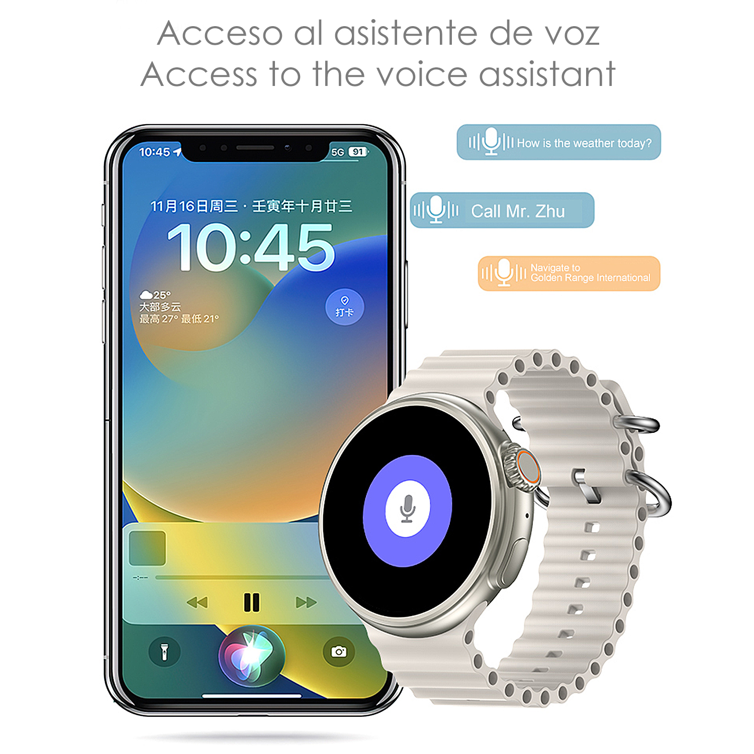Smartphone e smartwatch che visualizzano l'interfaccia dell'assistente vocale. Il telefono mostra ora, meteo e controlli.
