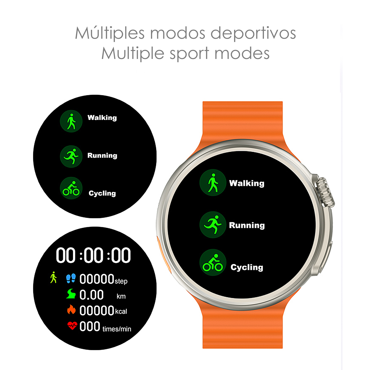 Smartwatch con opzioni camminata, corsa e ciclismo. Include tempo, passi, distanza, calorie e frequenza cardiaca, con cinturino arancione.