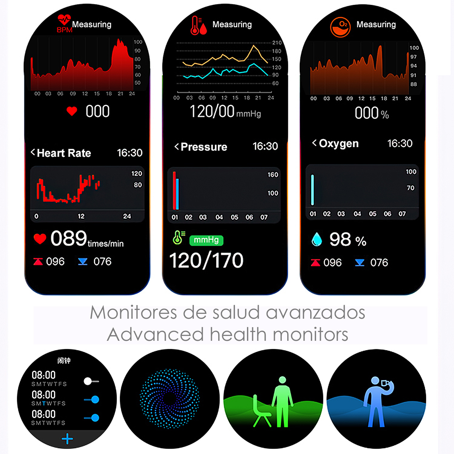 Un'interfaccia di monitoraggio della salute con grafici e numeri che mostrano frequenza cardiaca, pressione sanguigna, livelli di ossigeno e ora.