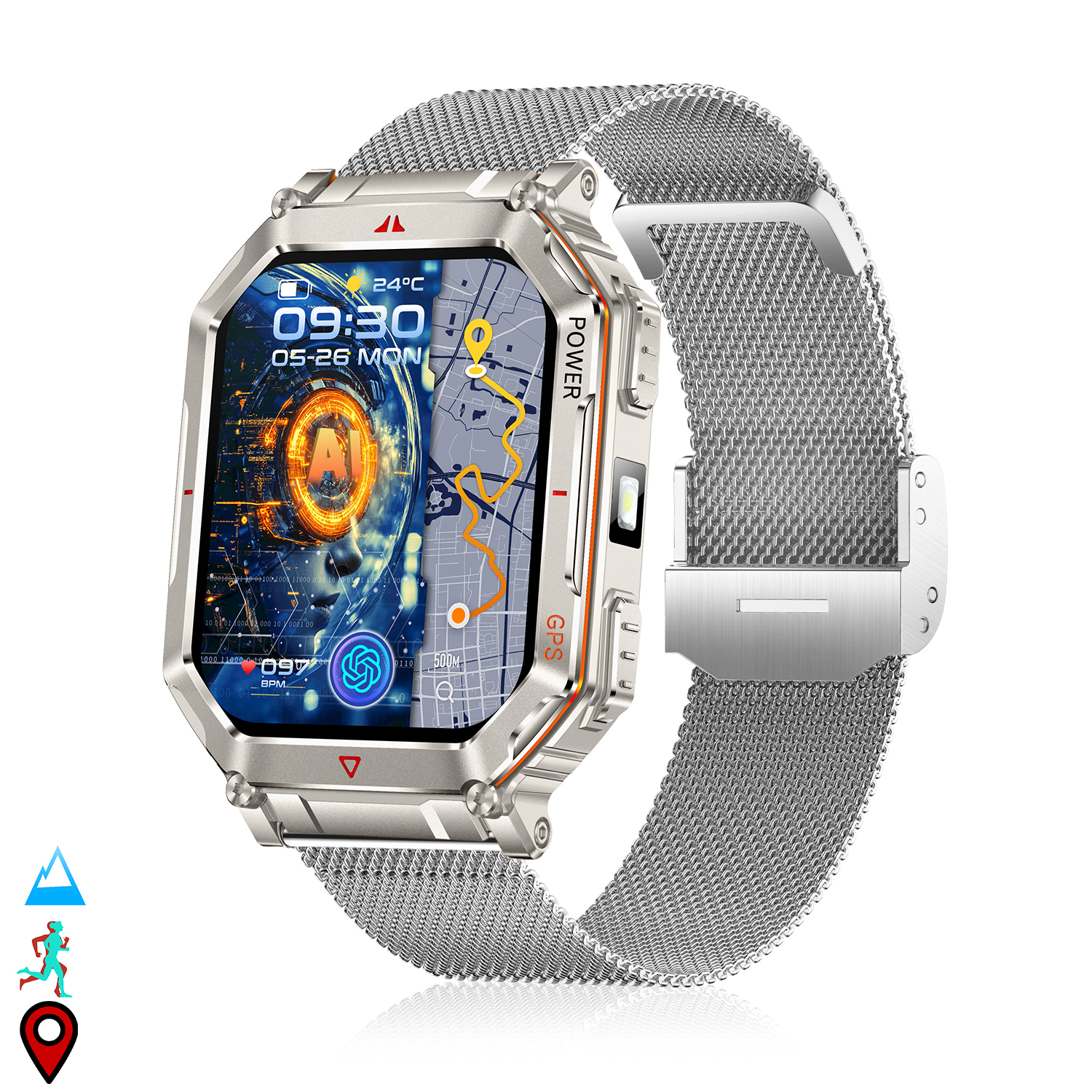 Uno smartwatch argentato con cinturino a maglie mostra ora, data e mappa. Ha un pulsante di accensione, GPS e un cardiofrequenzimetro.