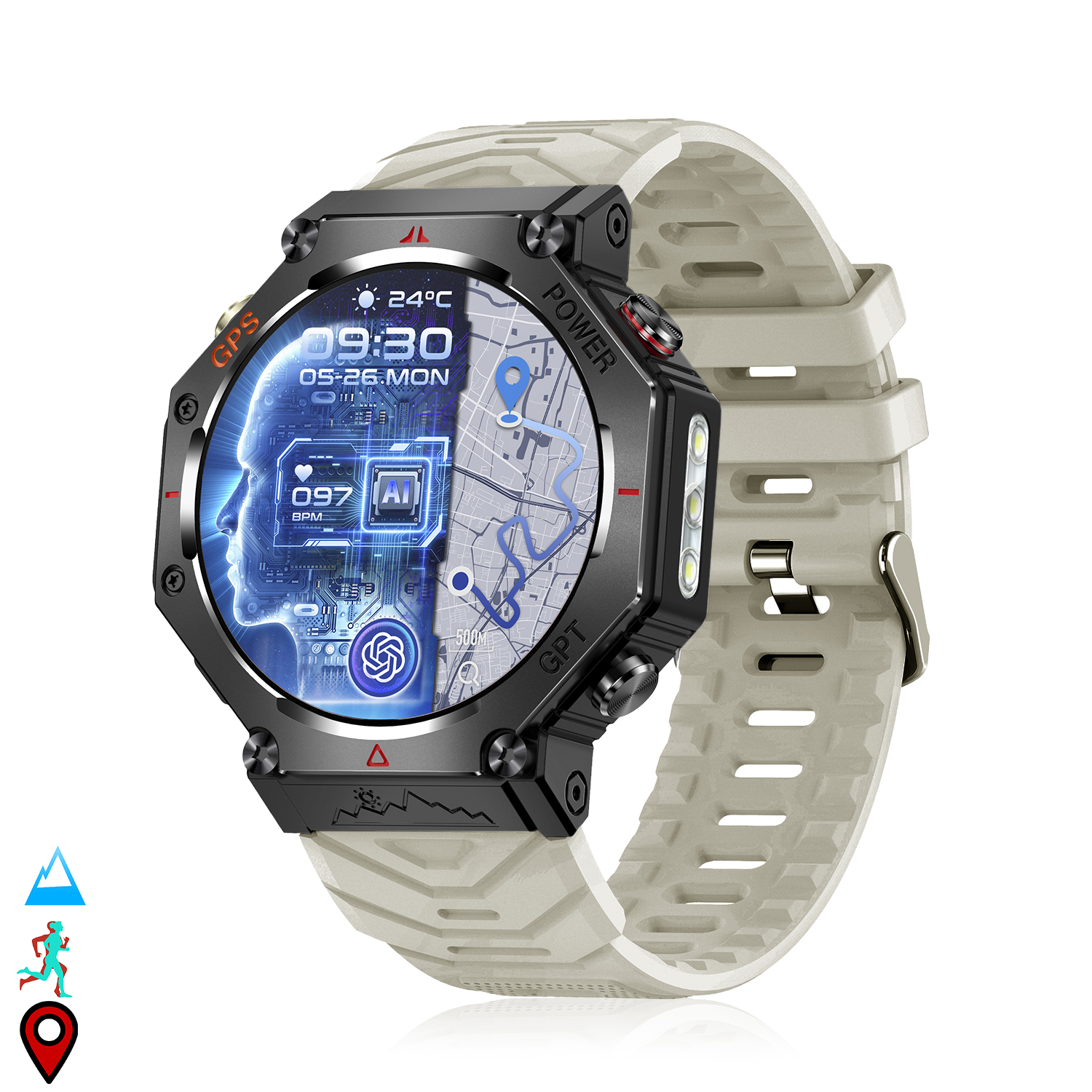Uno smartwatch con schermo che mostra ora, mappa e funzioni AI. Cinturino beige e cornice nera con pulsanti GPS e accensione.