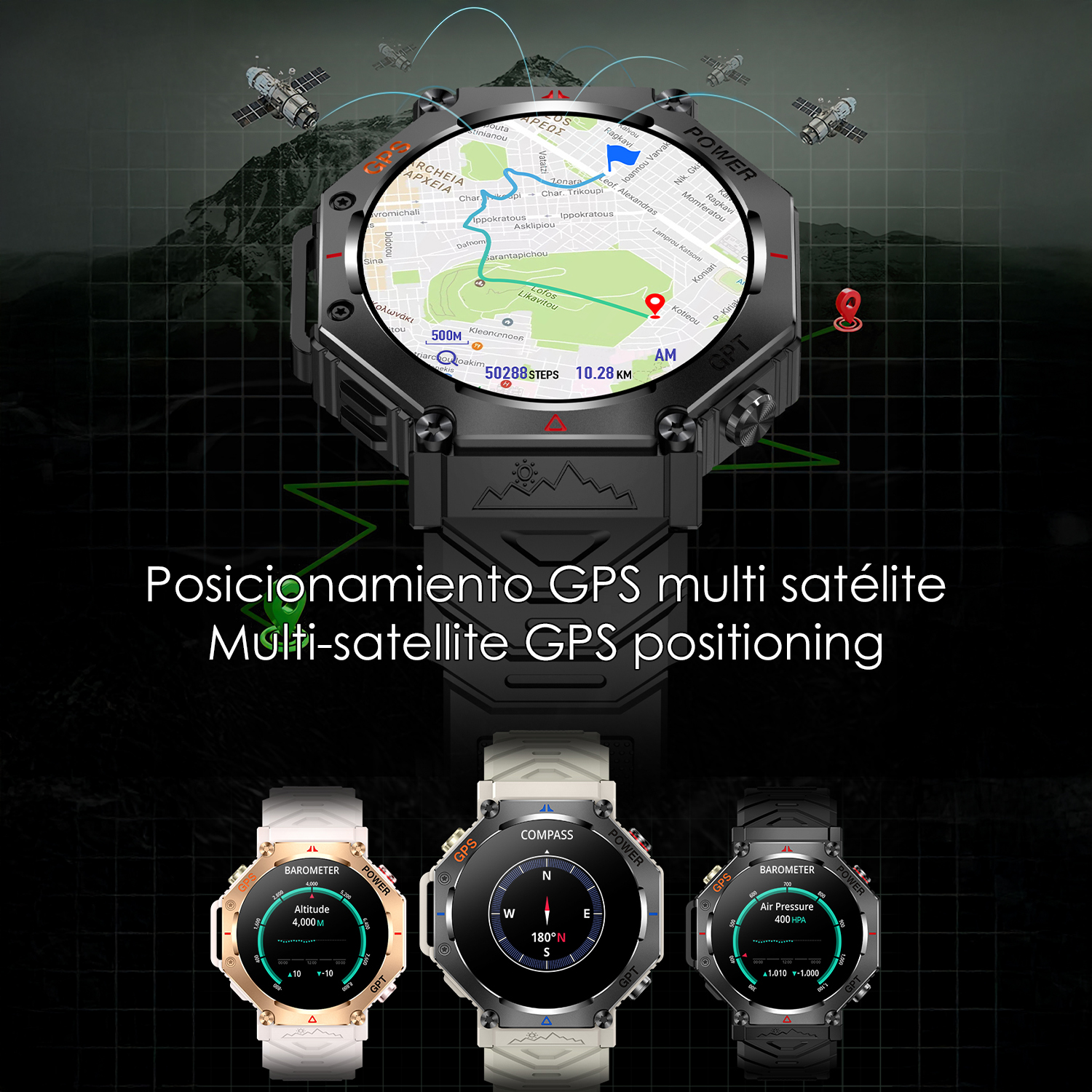Smartwatch con mappa, satelliti GPS e schermate dati. Testo: Posizionamento GPS multi-satellite.