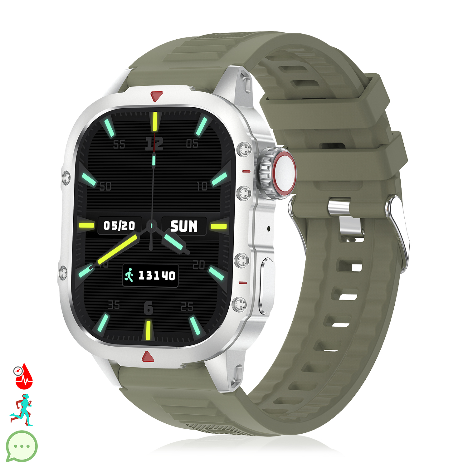 Un orologio intelligente con cinturino verde. Il quadrante mostra l'ora e altri dati sanitari. L'orologio è su sfondo bianco.